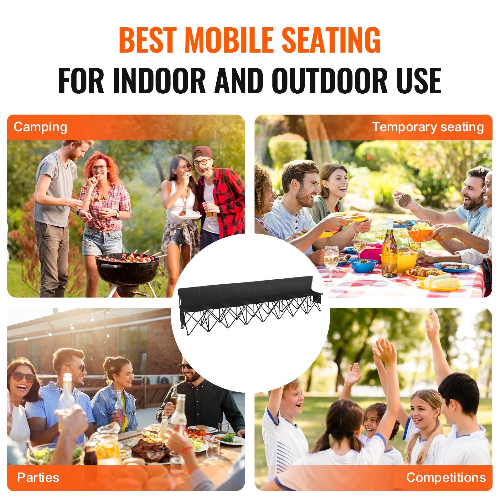 Folding Bench Portable 8-Seat Soccer with Backrest Side Pockets Black