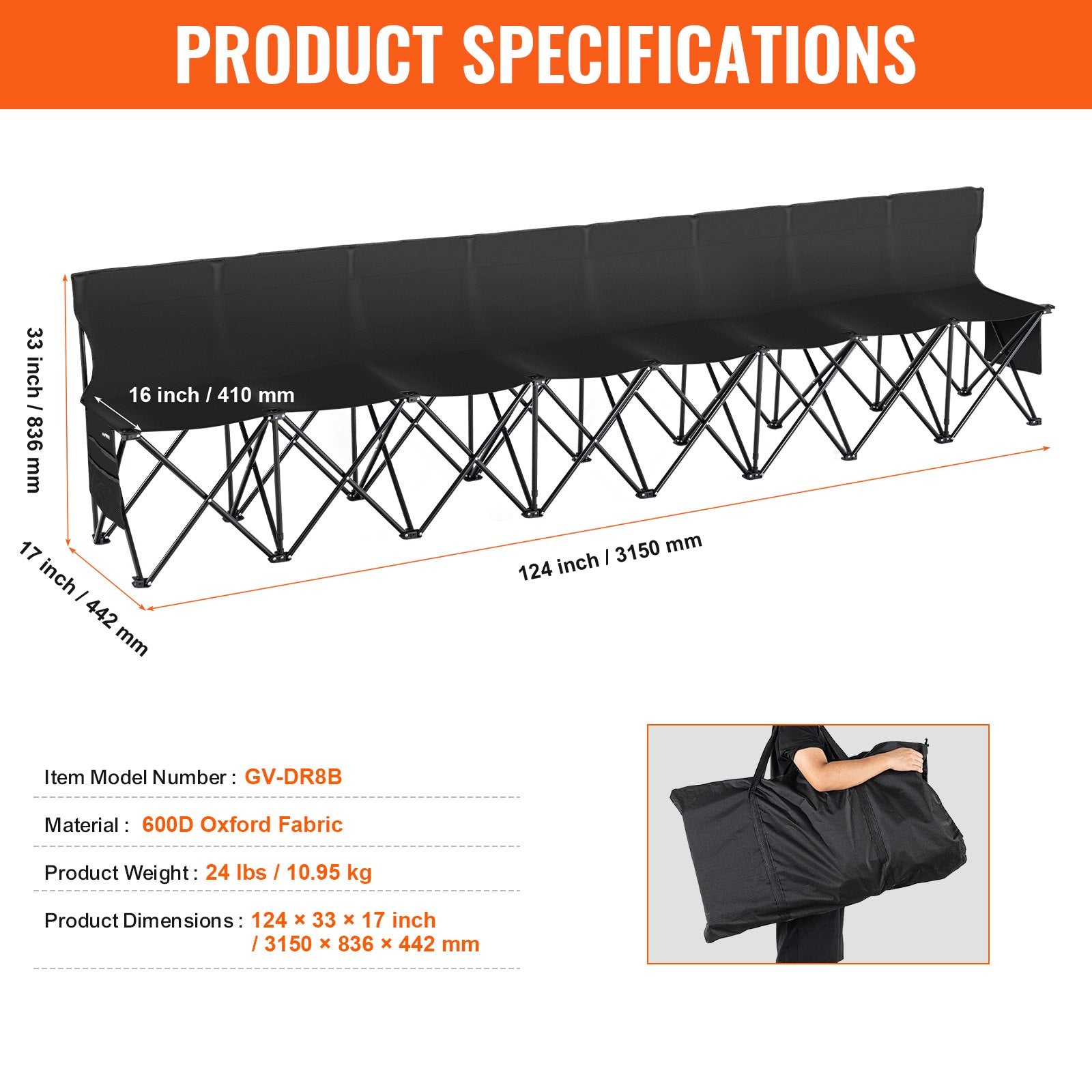 Folding Bench Portable 8-Seat Soccer with Backrest Side Pockets Black