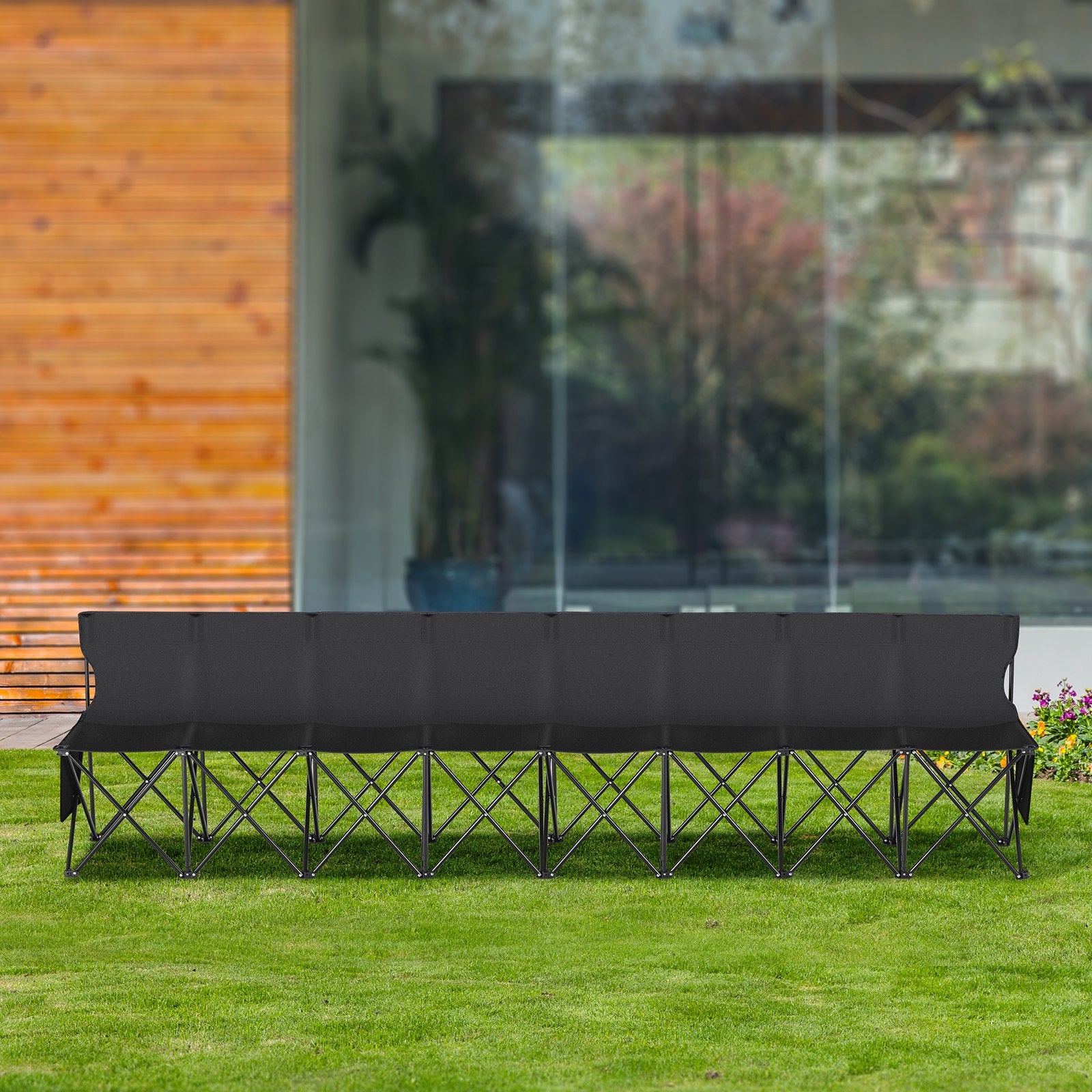 Folding Bench Portable 8-Seat Soccer with Backrest Side Pockets Black