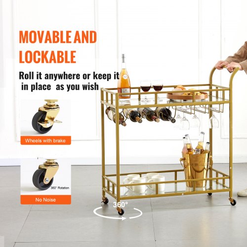 VEVOR 2 Tier Bar Cart Gold Rolling Alcohol, Wine Rack For Kitchen and Dining