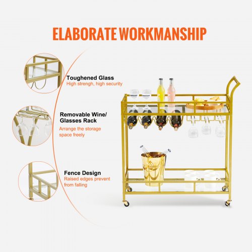 VEVOR 2 Tier Bar Cart Gold Rolling Alcohol, Wine Rack For Kitchen and Dining