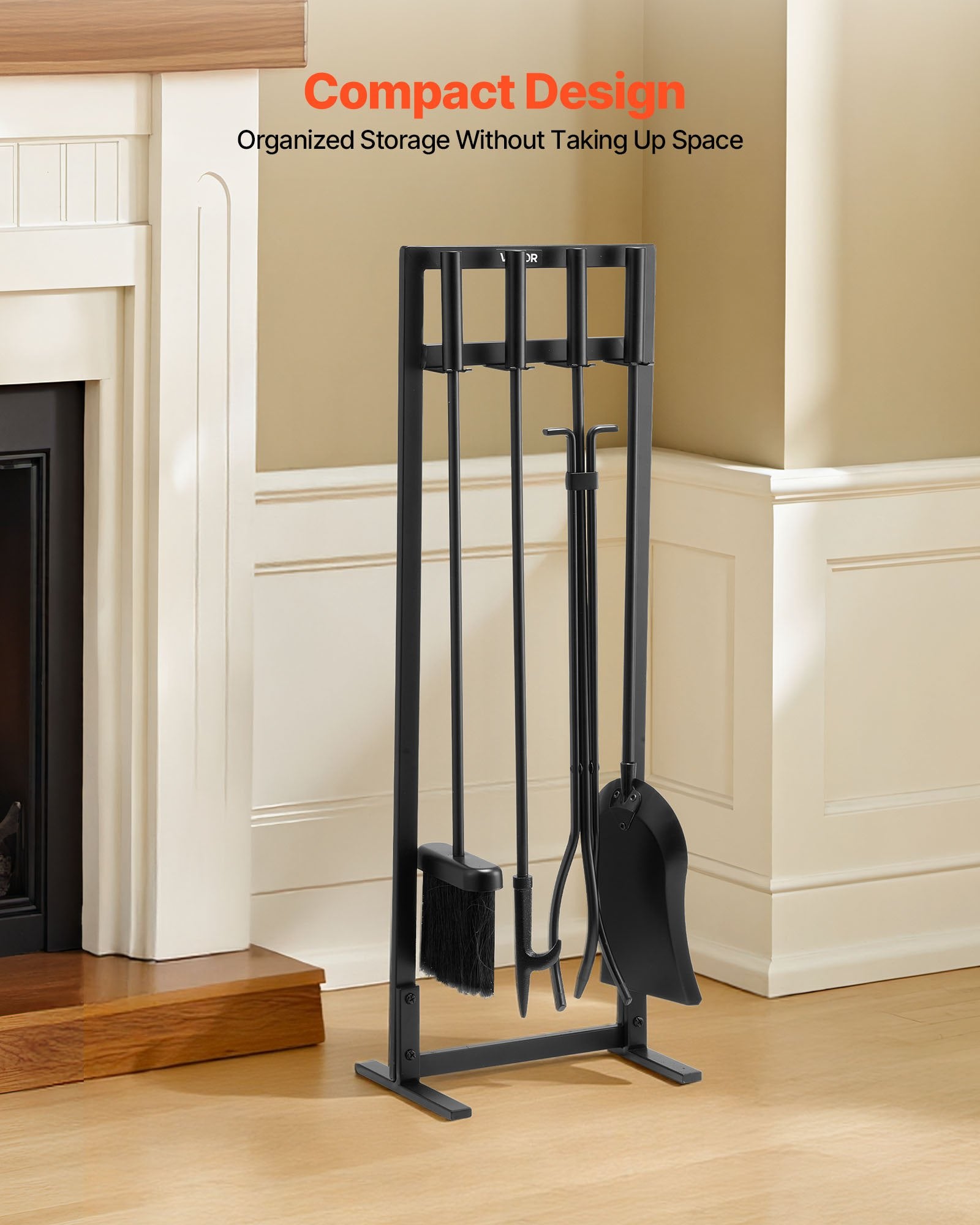 Fireplace Tool Set 5PCS Wrought Iron Stand Tongs Shovel Brush Poker Black