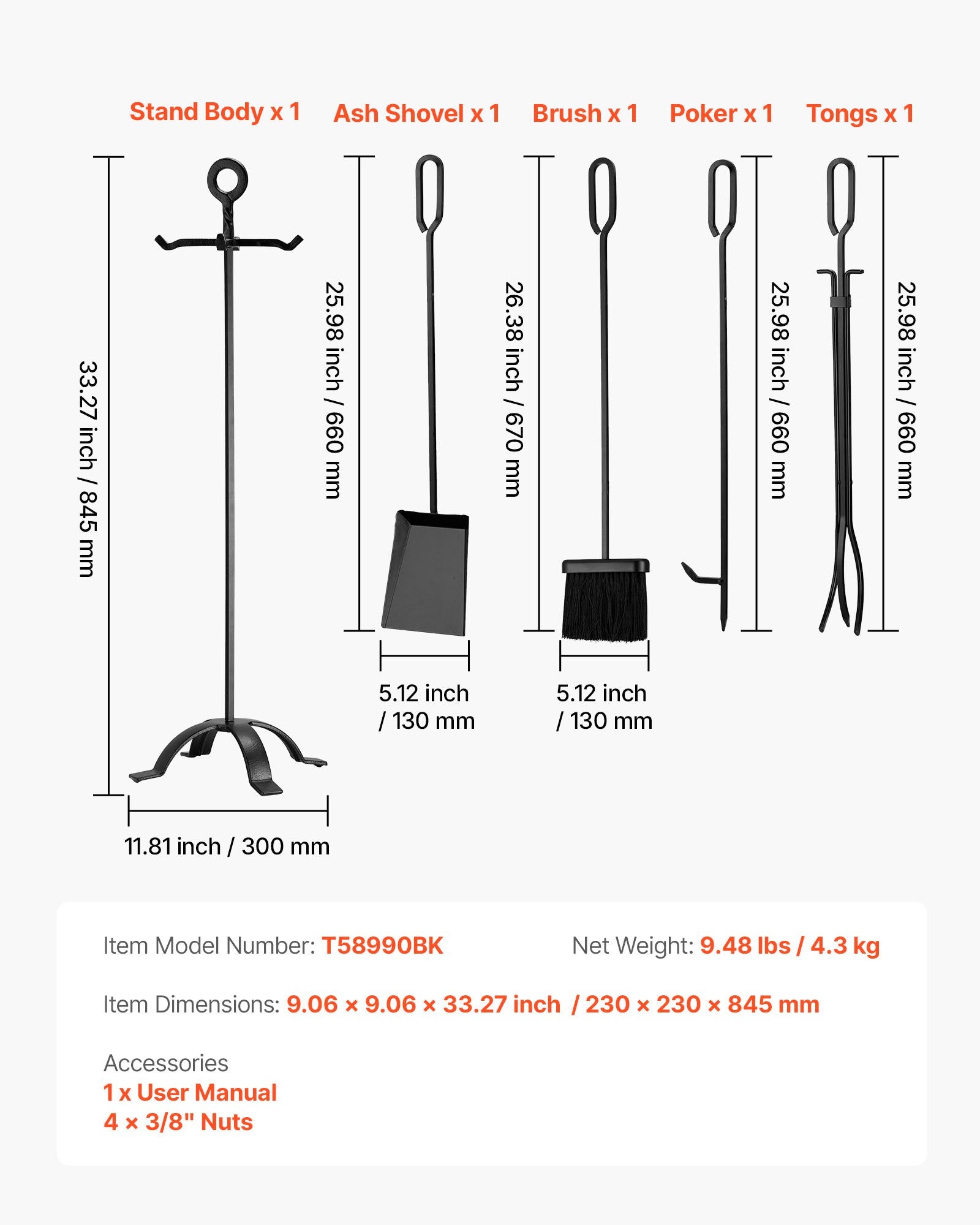 Fireplace Tool Set 5PCS Tongs Shovel Brush Poker Wrought Iron Stand Black