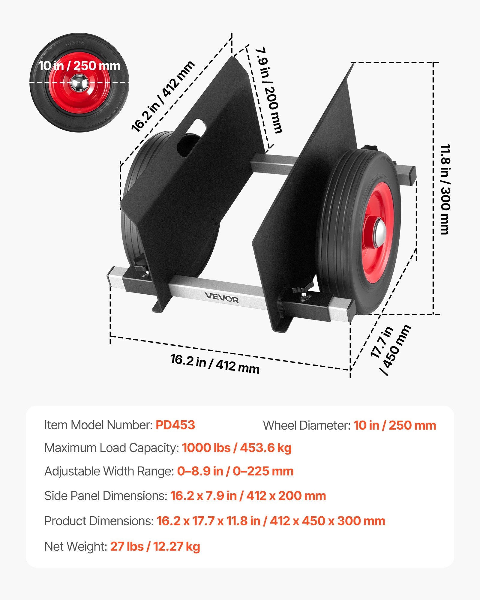Panel Dolly 453.6kg Load Adjustable Drywall Mover with 25cm Rubber Wheels, Black