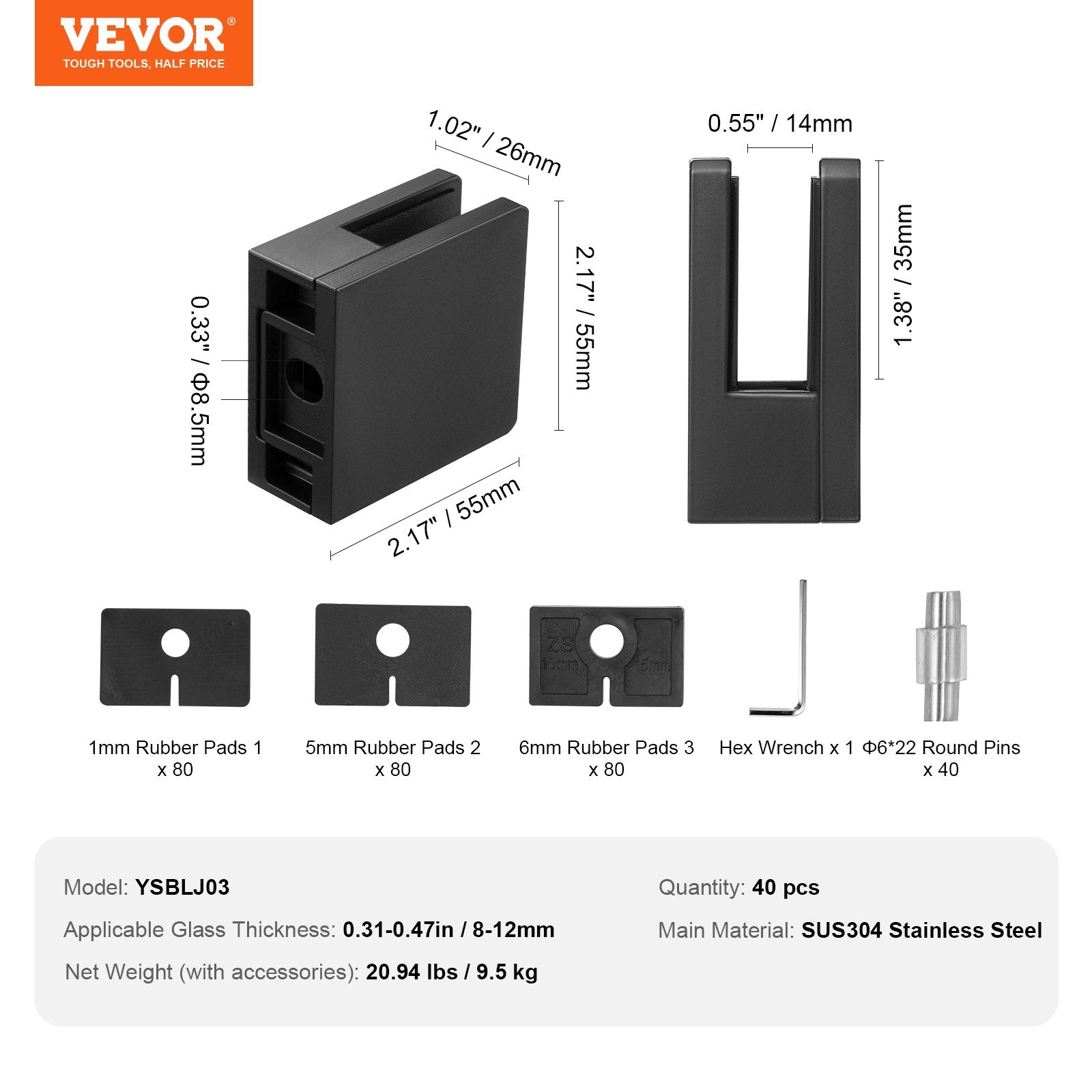Glass Clamp 40PCS Square 304 Stainless Steel for 0.31"-0.47" Glass Black