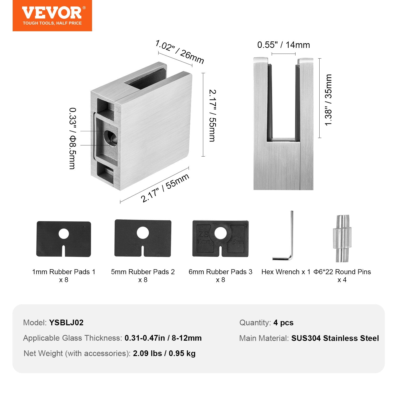 Glass Clamp 4PCS Square 304 Stainless Steel for 0.31"-0.47" Glass Silver