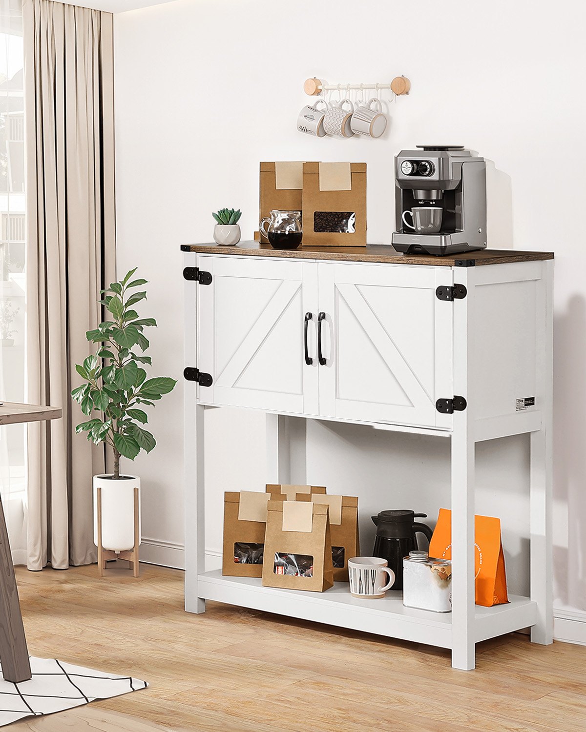 Coffee Bar Cabinet 80x35x88cm Farmhouse 3-Tier Storage with Magnet Doors