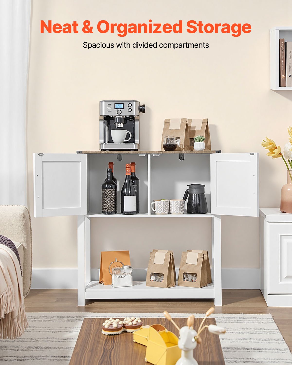Coffee Bar Cabinet 80x35x88cm Farmhouse 3-Tier Storage with Magnet Doors