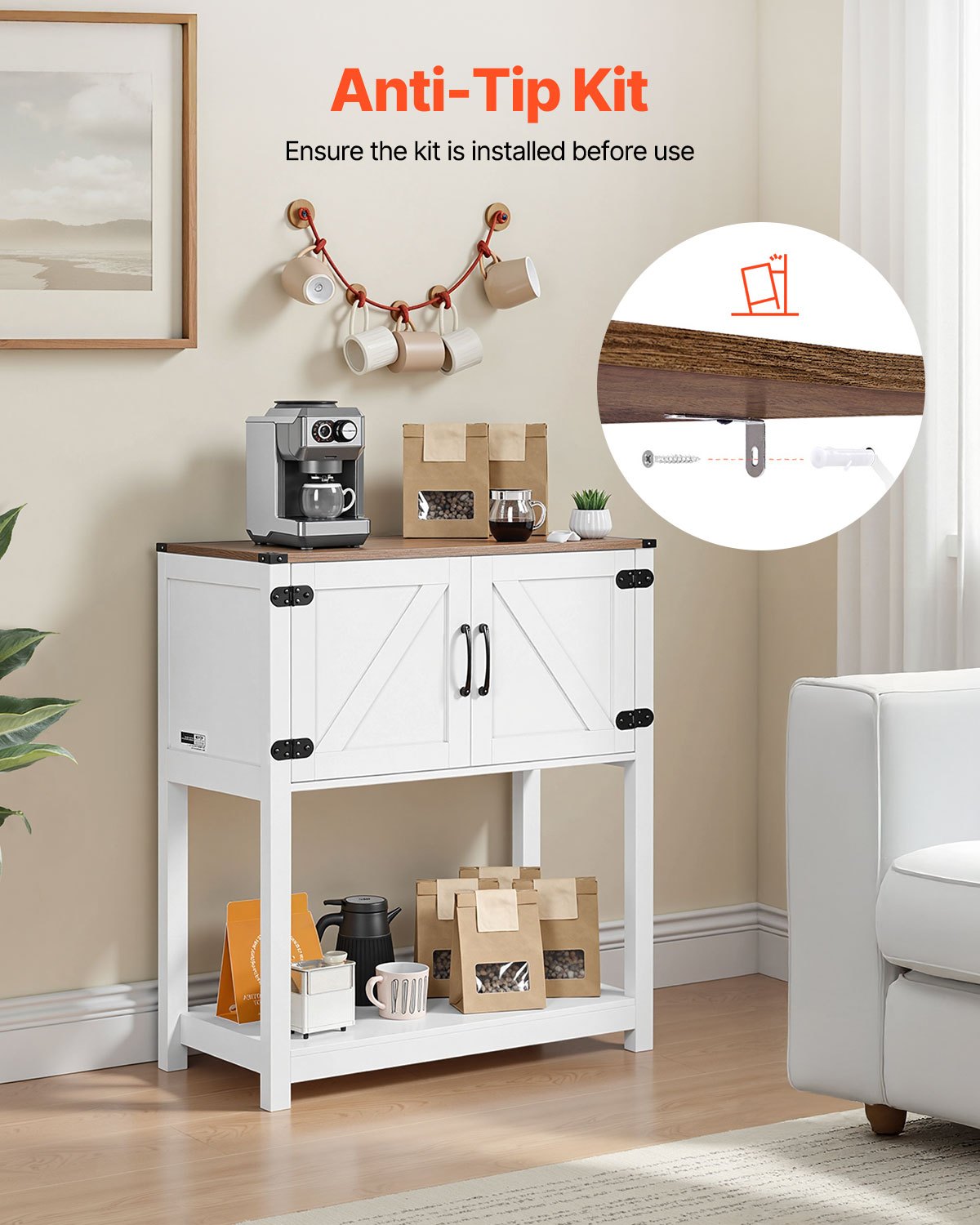 Coffee Bar Cabinet 80x35x88cm Farmhouse 3-Tier Storage with Magnet Doors