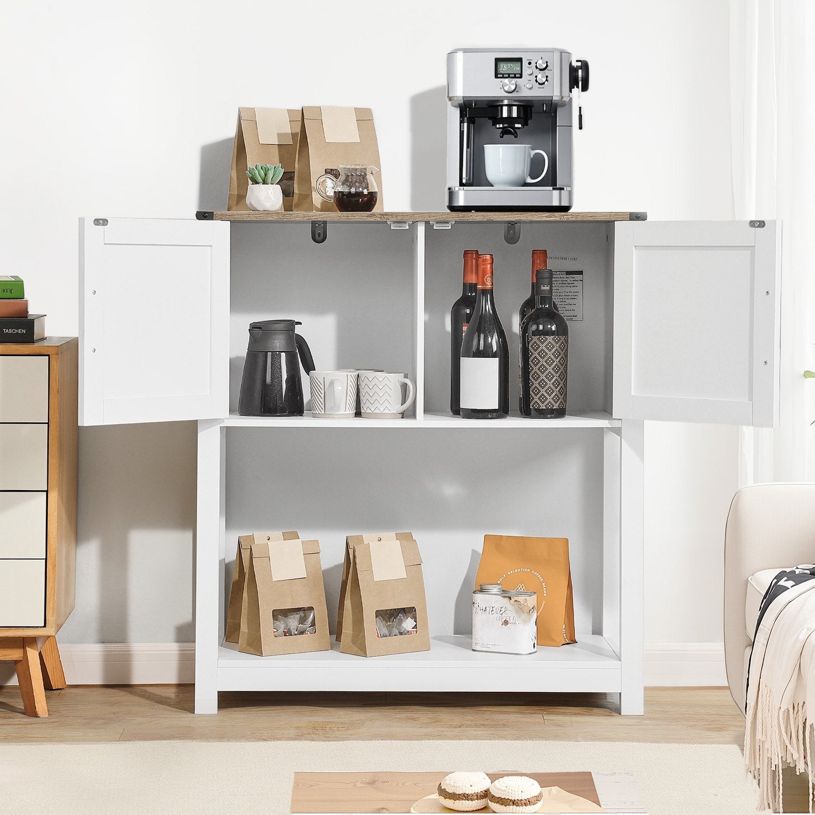 Coffee Bar Cabinet 80x35x88cm Farmhouse 3-Tier Storage with Magnet Doors