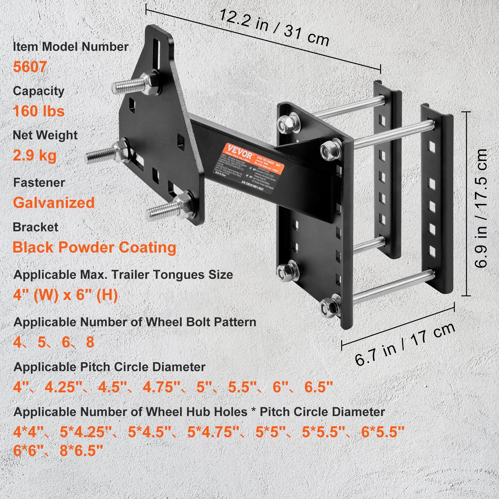 Spare Tire Carrier Trailer Mount 160 lbs Capacity Fits Most 4-8 Lug Wheels