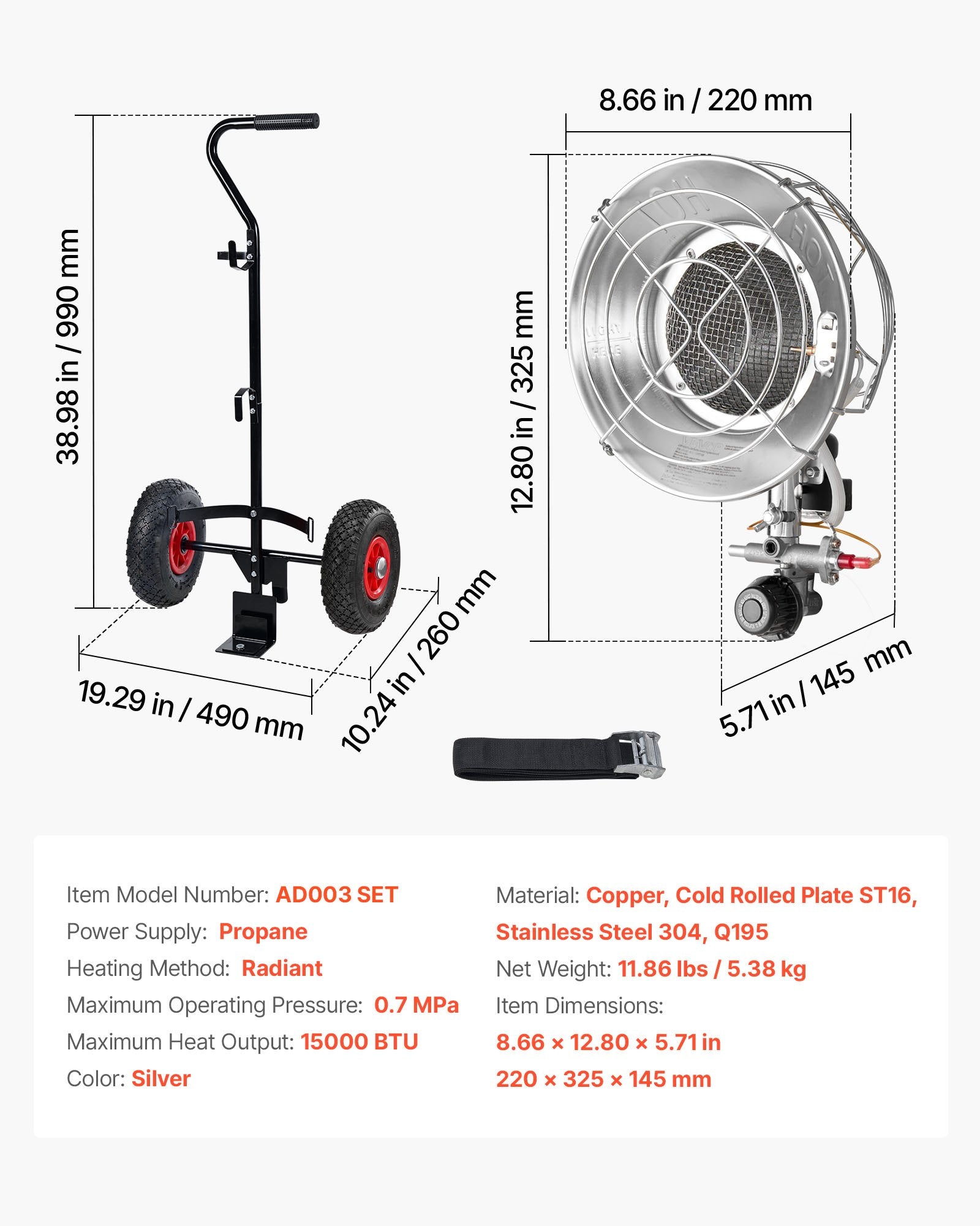 Tank Top Heater Propane with Trolley 15000 BTU Infrared 180 Degree Tanks