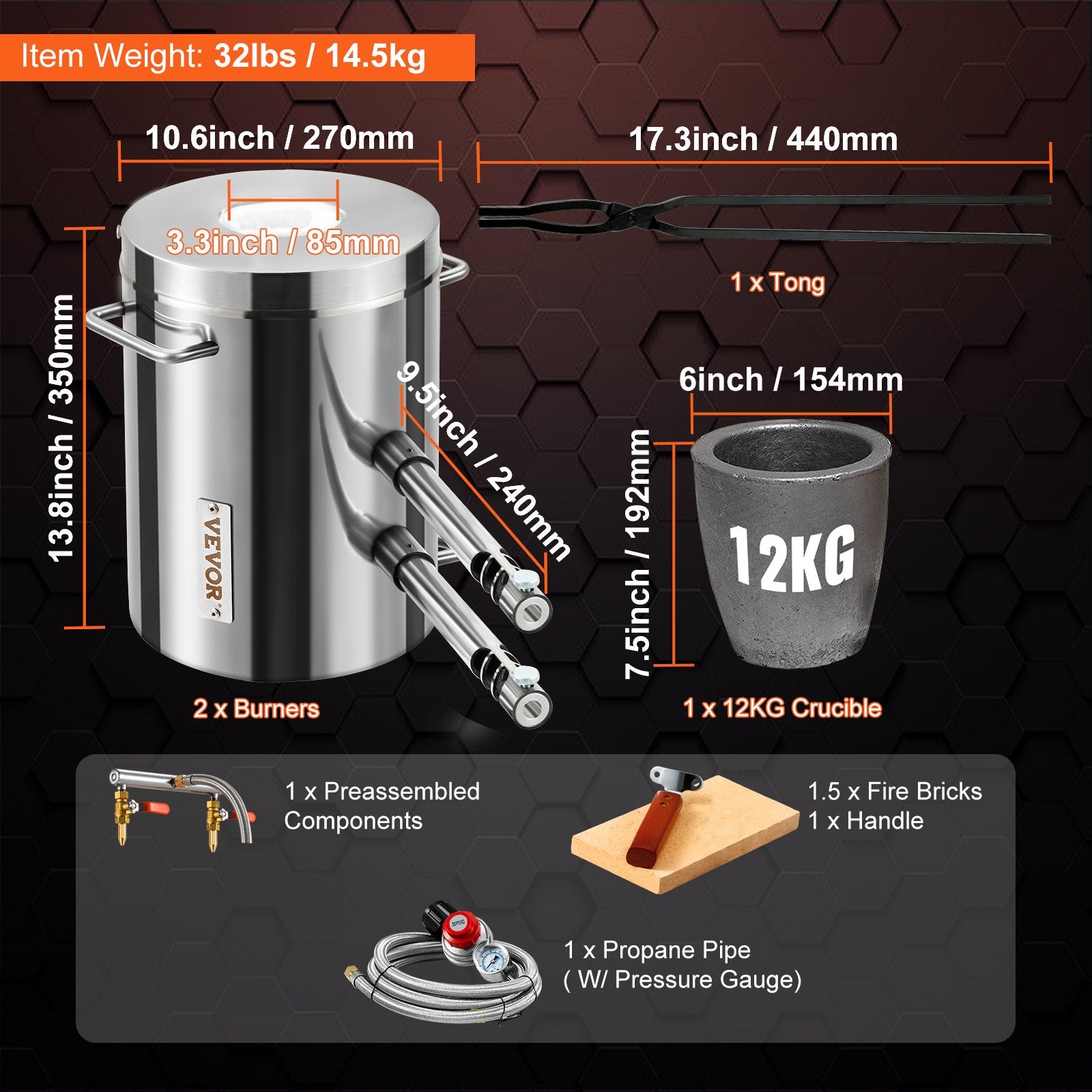 Propane Melting Furnace Kit 8KG Gas Metal Foundry Kiln Crucible Tongs Casting