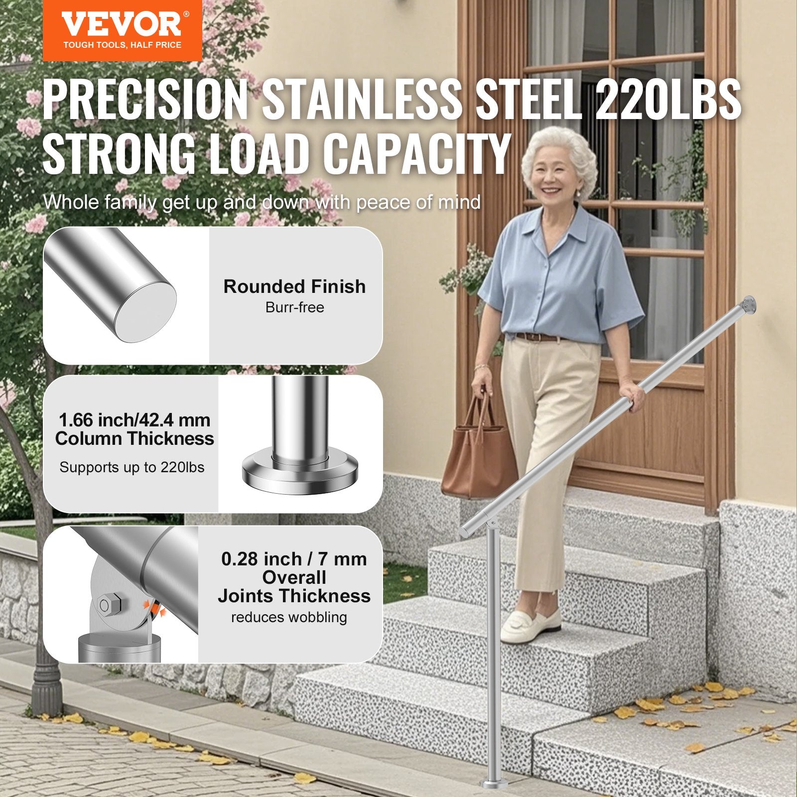 Handrails for Outdoor Steps 47.3in Deck Railing Kit Wall Floor Mounted Silver