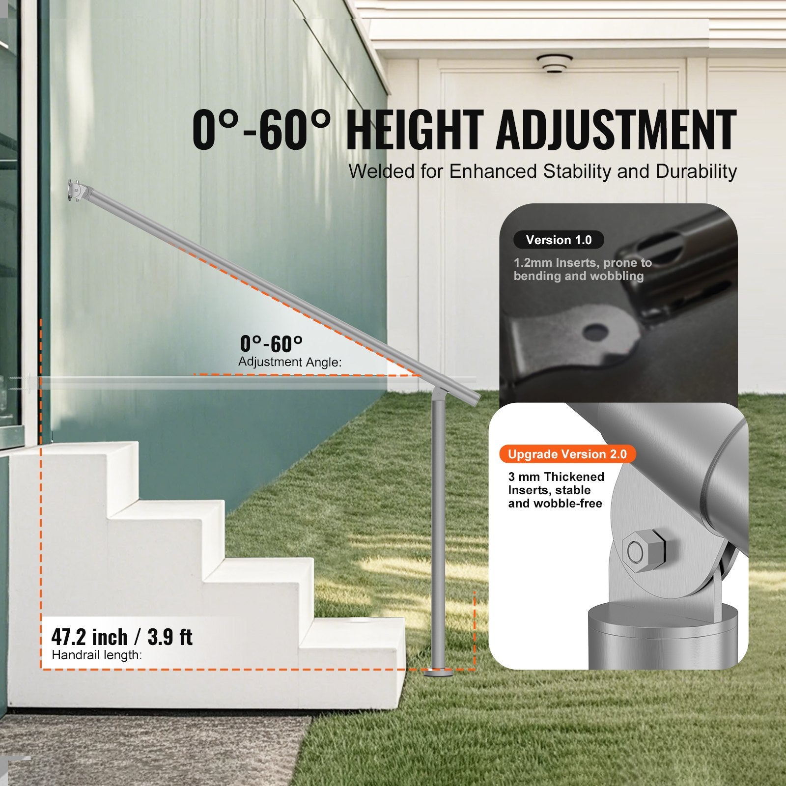 Handrails for Outdoor Steps 47.3in Deck Railing Kit Wall Floor Mounted Silver