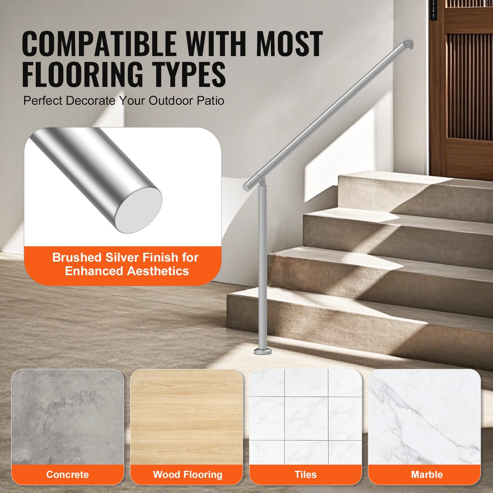 Handrails for Outdoor Steps 47.3in Deck Railing Kit Wall Floor Mounted Silver