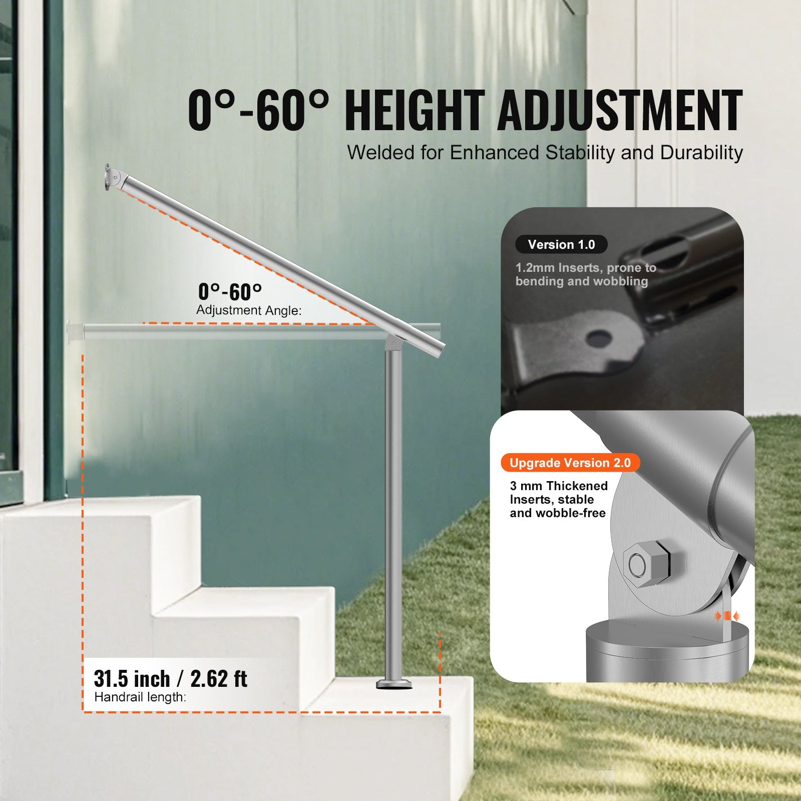 Handrails for Outdoor Steps 31.5in Deck Railing Kit Wall Floor Mounted Silver