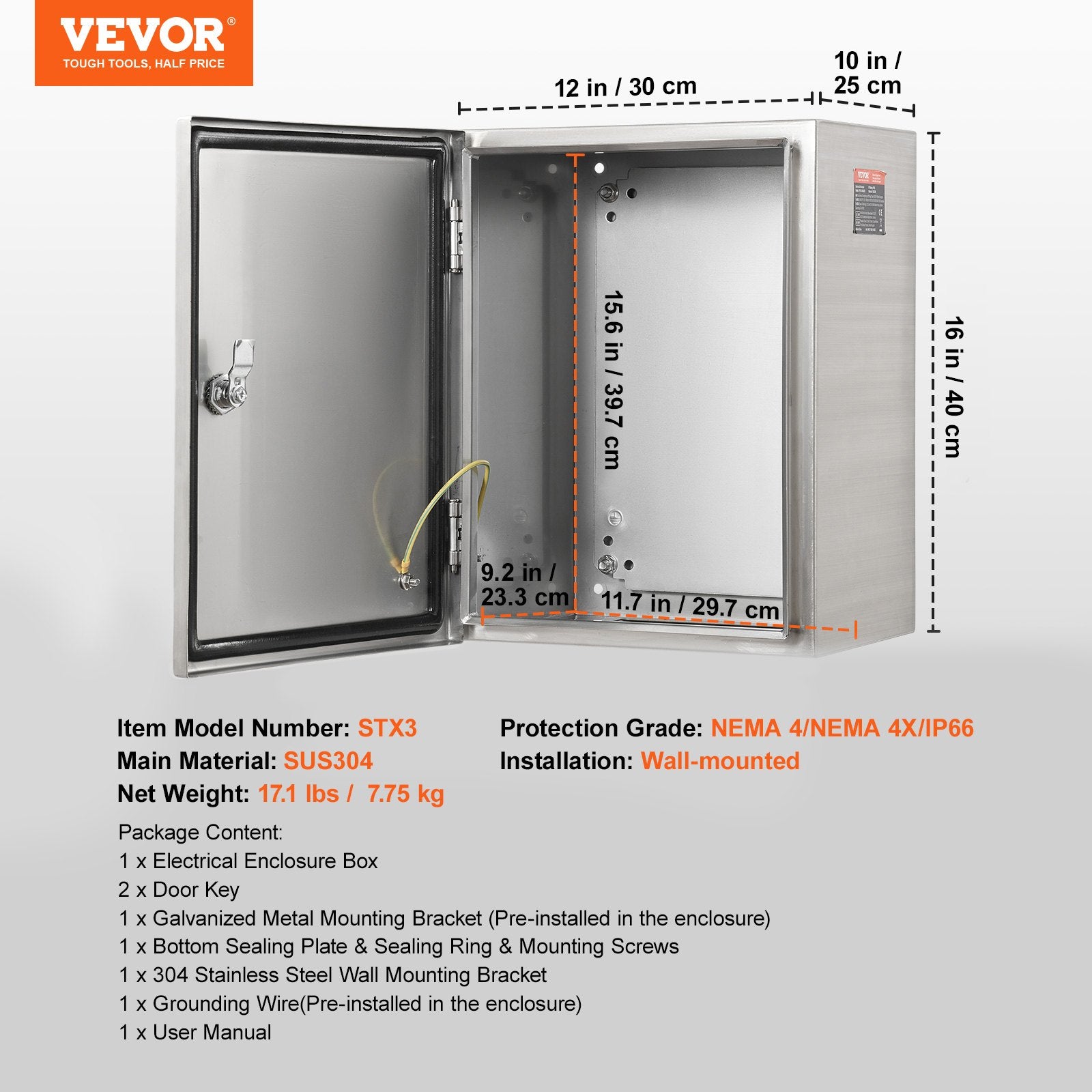 Steel Electrical Box 40x30x25cm 304 Stainless Wall-Mounted IP66 Waterproof