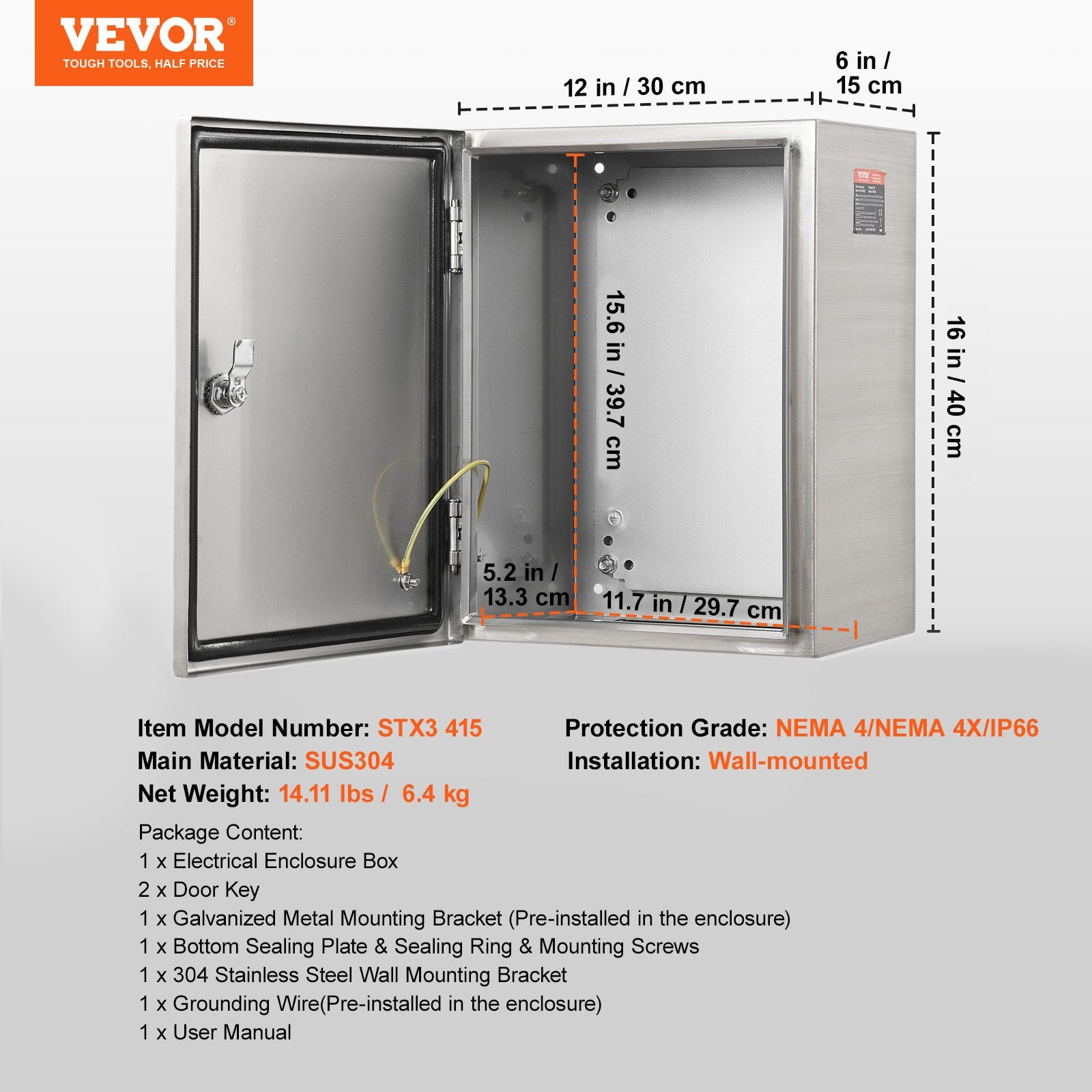 304 Stainless Steel Electrical Box 40x30x15cm IP66 Wall Mount Enclosure