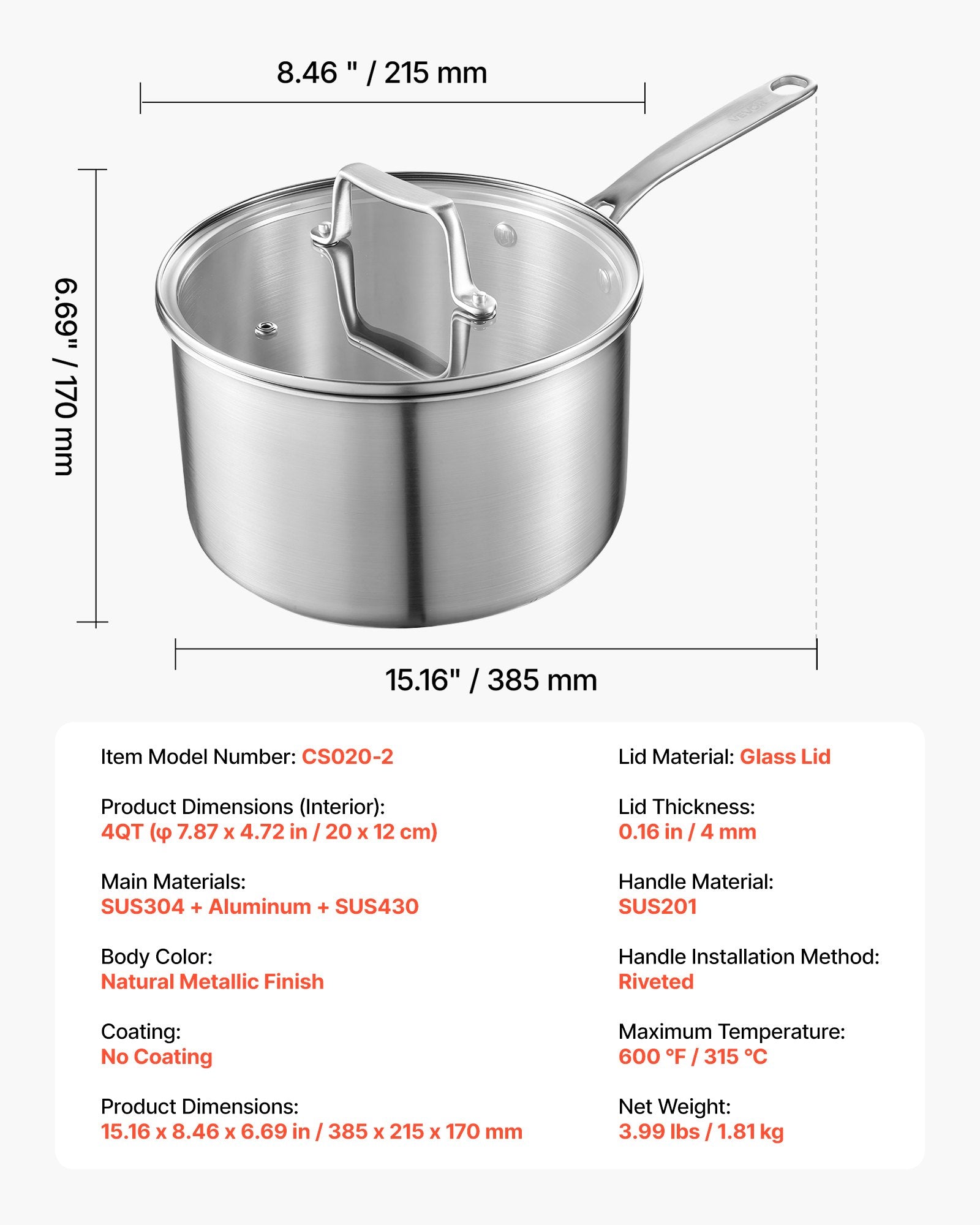 4QT Stainless Steel Saucepan Glass Lid Nonstick Cooking Pot Induction Oven Safe