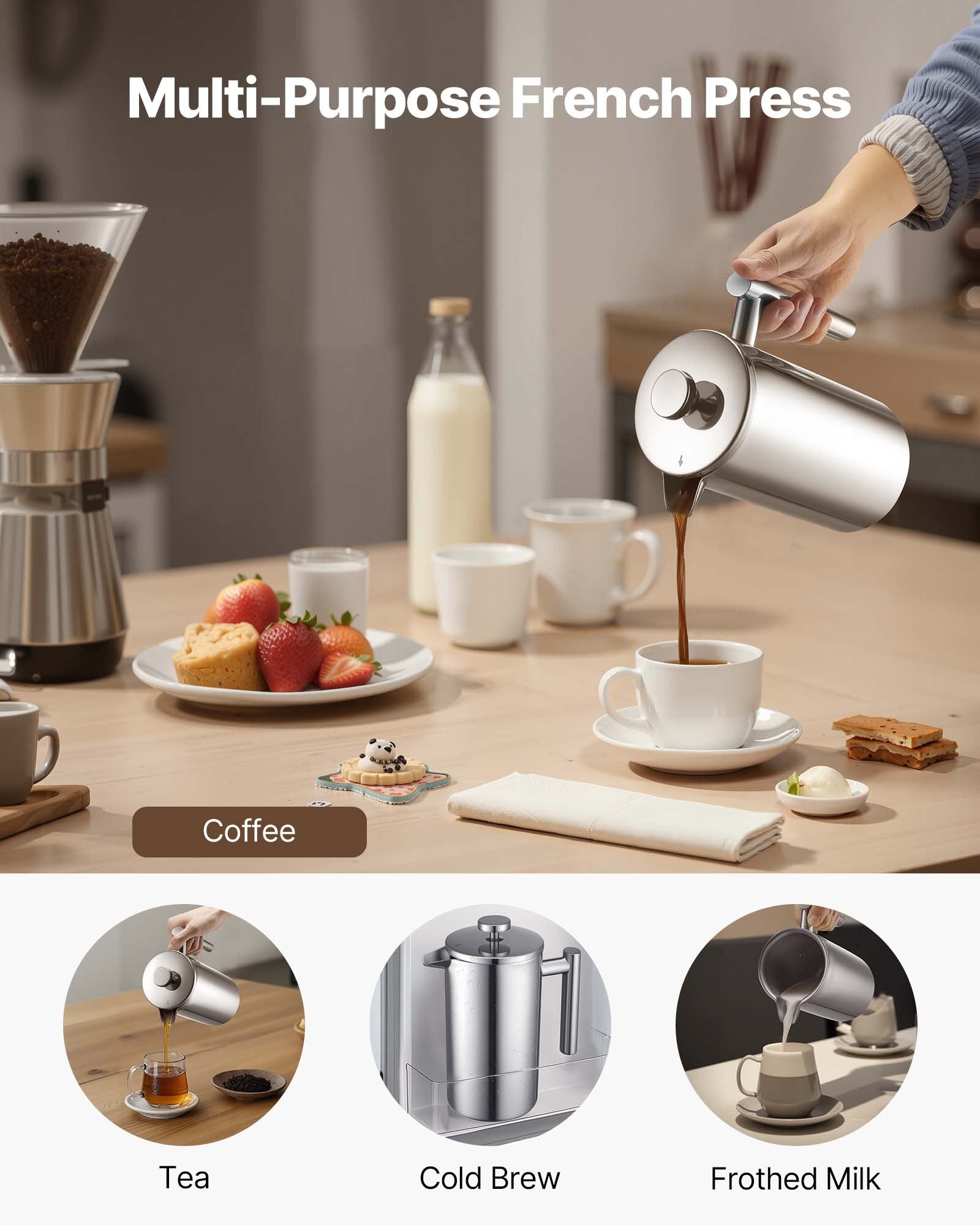 French Press Coffee Maker 1L, Stainless Steel Tea Press, Double Wall Insulated