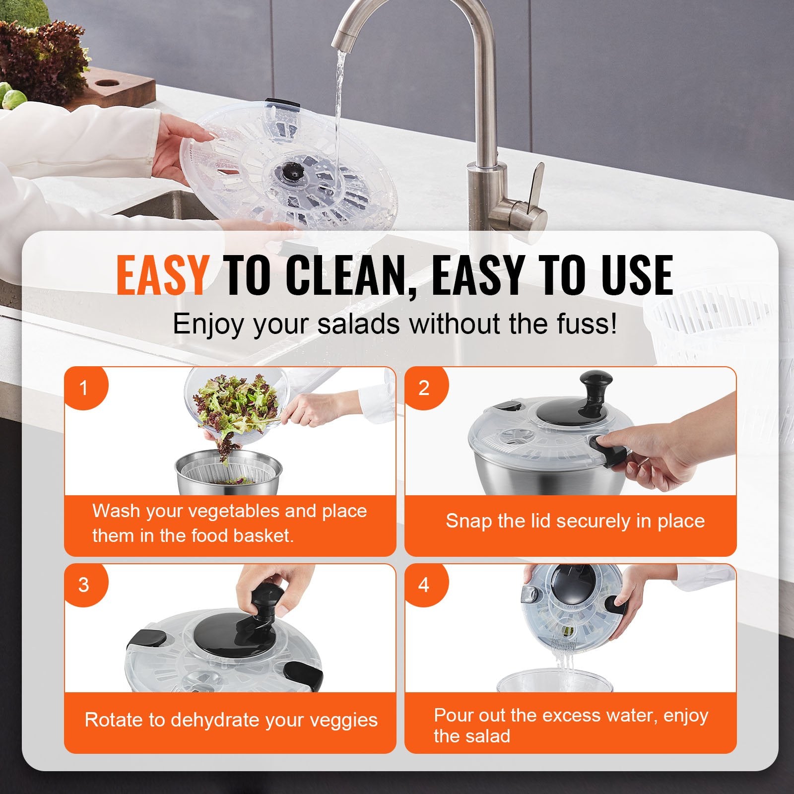 Stainless Steel Salad Spinner 4.5L One-Handed Easy Press 304 Bowl Greens
