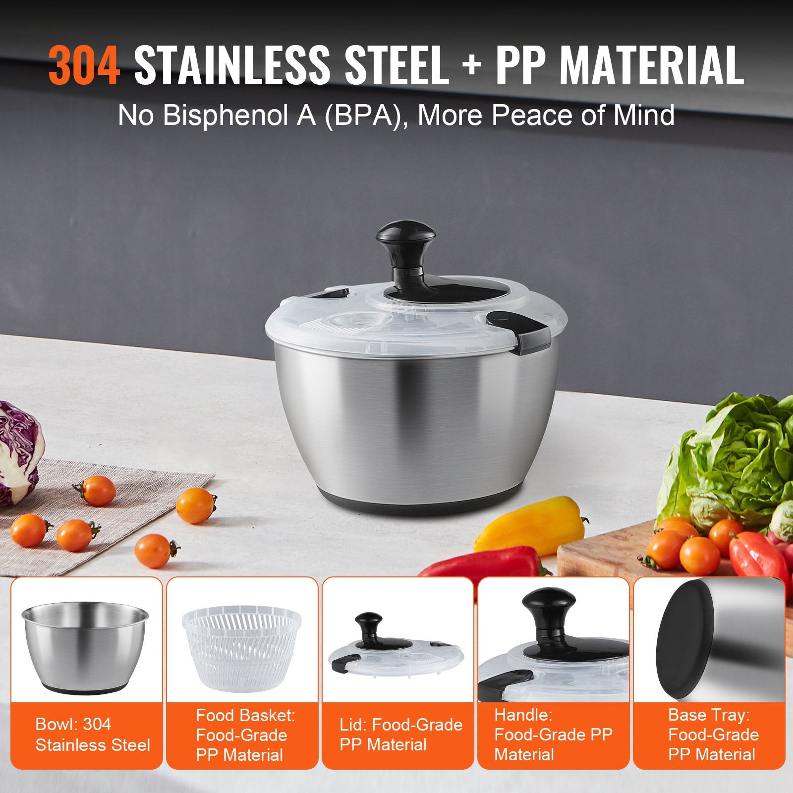 Stainless Steel Salad Spinner 4.5L One-Handed Easy Press 304 Bowl Greens