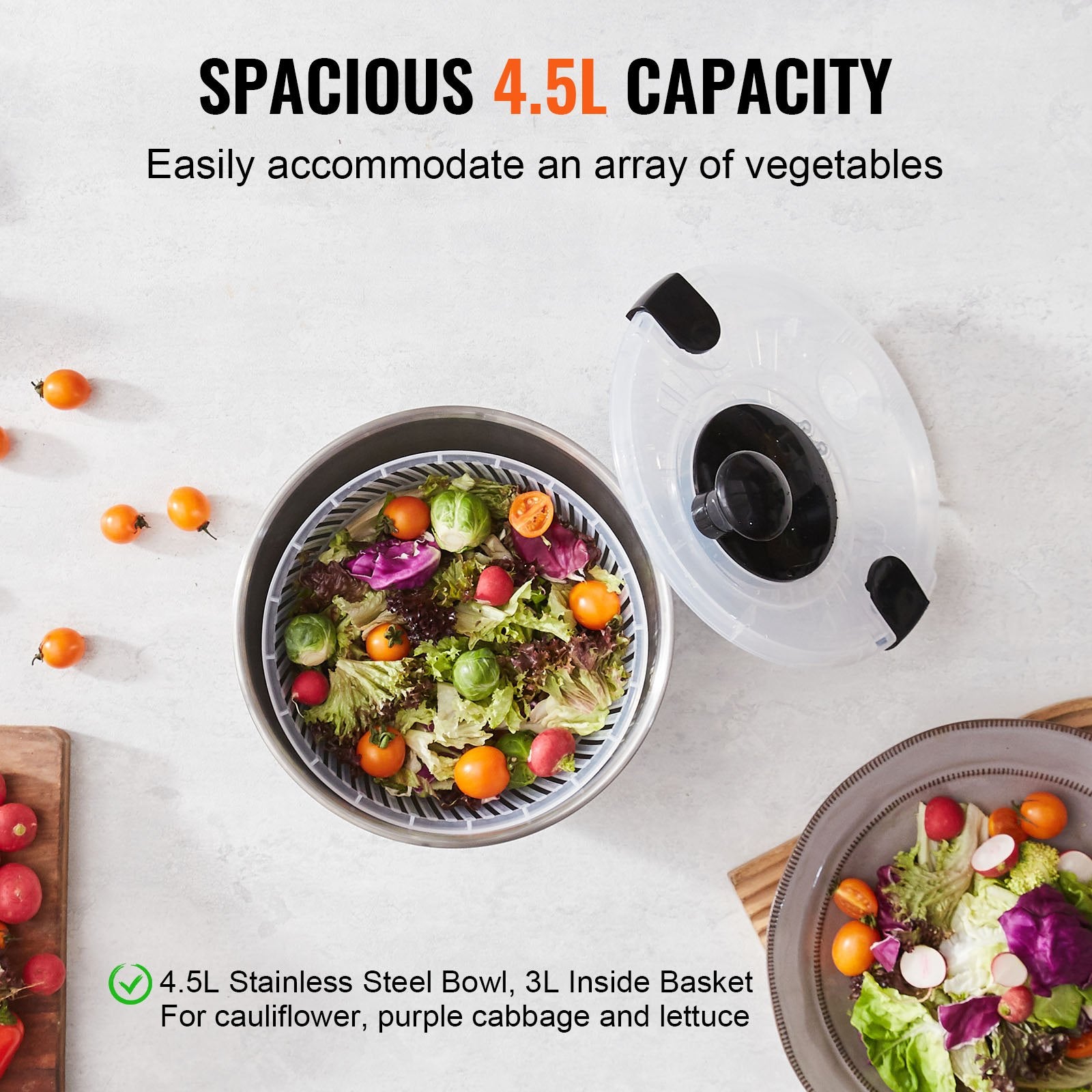 Stainless Steel Salad Spinner 4.5L One-Handed Easy Press 304 Bowl Greens
