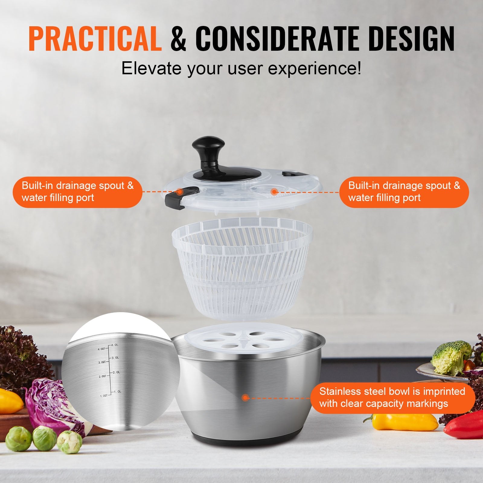 Stainless Steel Salad Spinner 4.5L One-Handed Easy Press 304 Bowl Greens