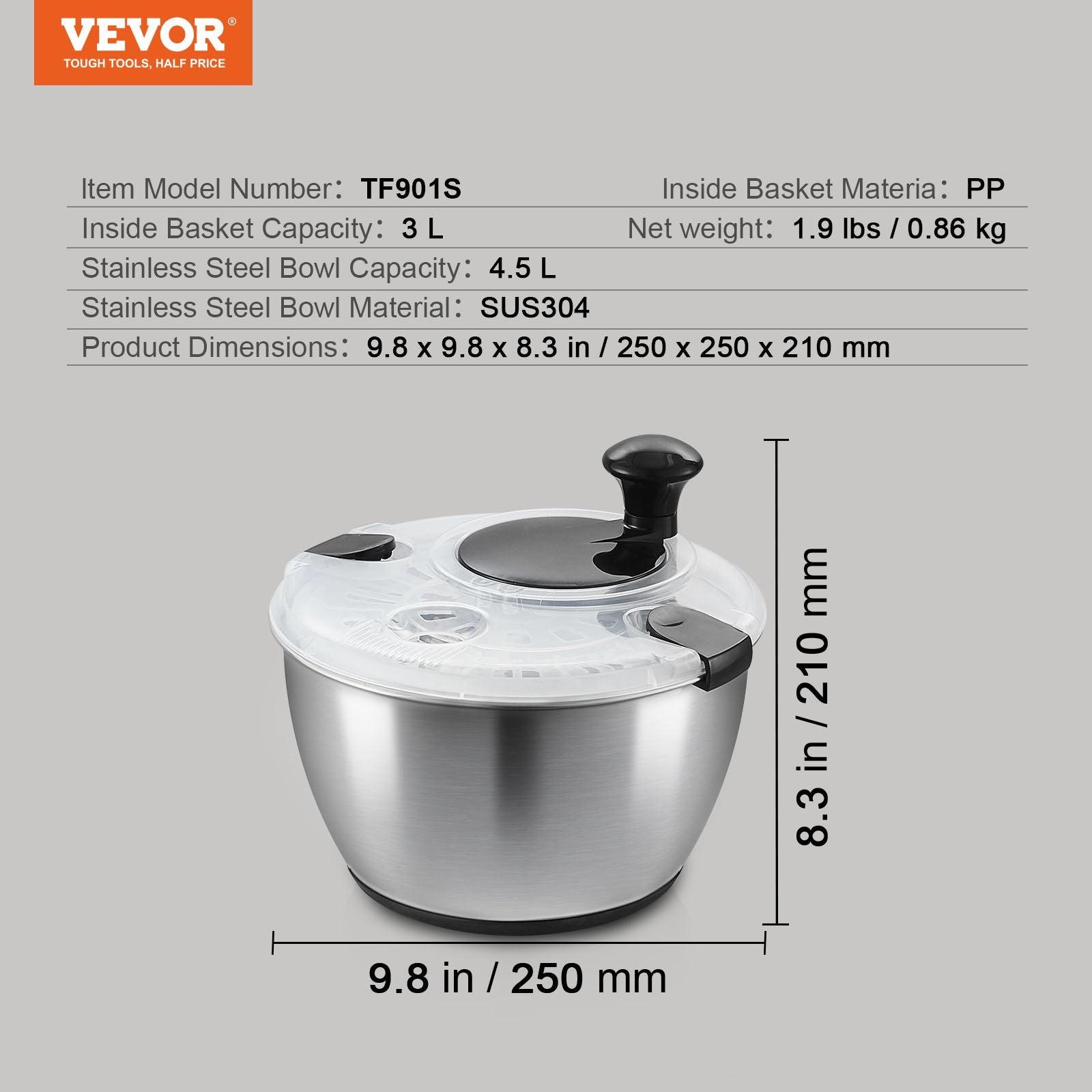 Stainless Steel Salad Spinner 4.5L One-Handed Easy Press 304 Bowl Greens