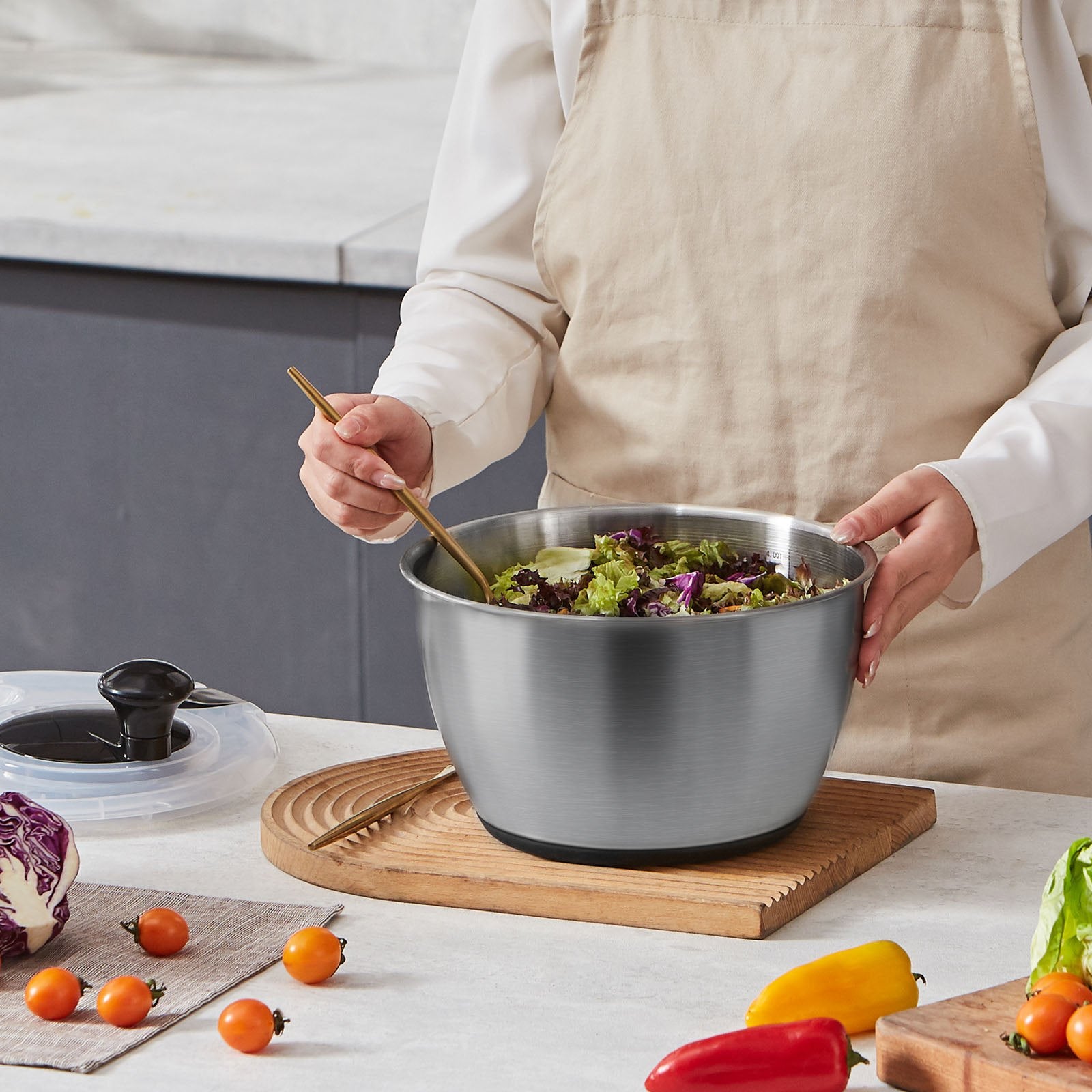 Stainless Steel Salad Spinner 4.5L One-Handed Easy Press 304 Bowl Greens