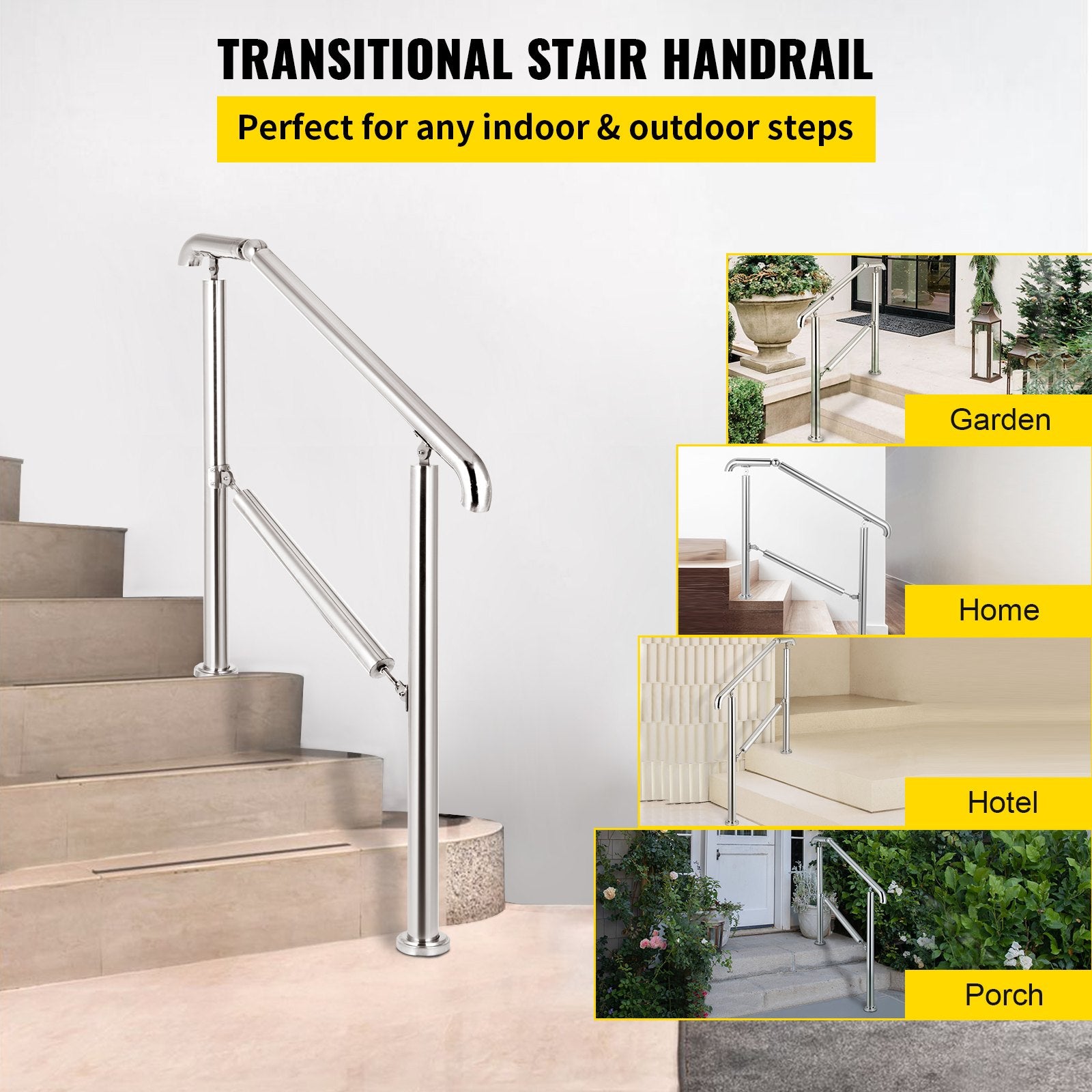 Stair Railing 3 Step Stainless Steel Handrail Adjustable Indoor Outdoor 220lb