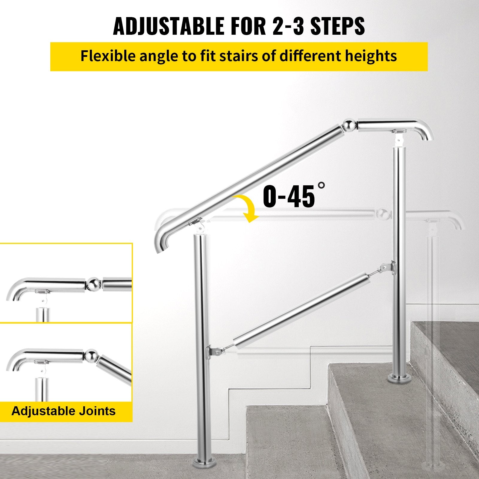 Stair Railing 3 Step Stainless Steel Handrail Adjustable Indoor Outdoor 220lb