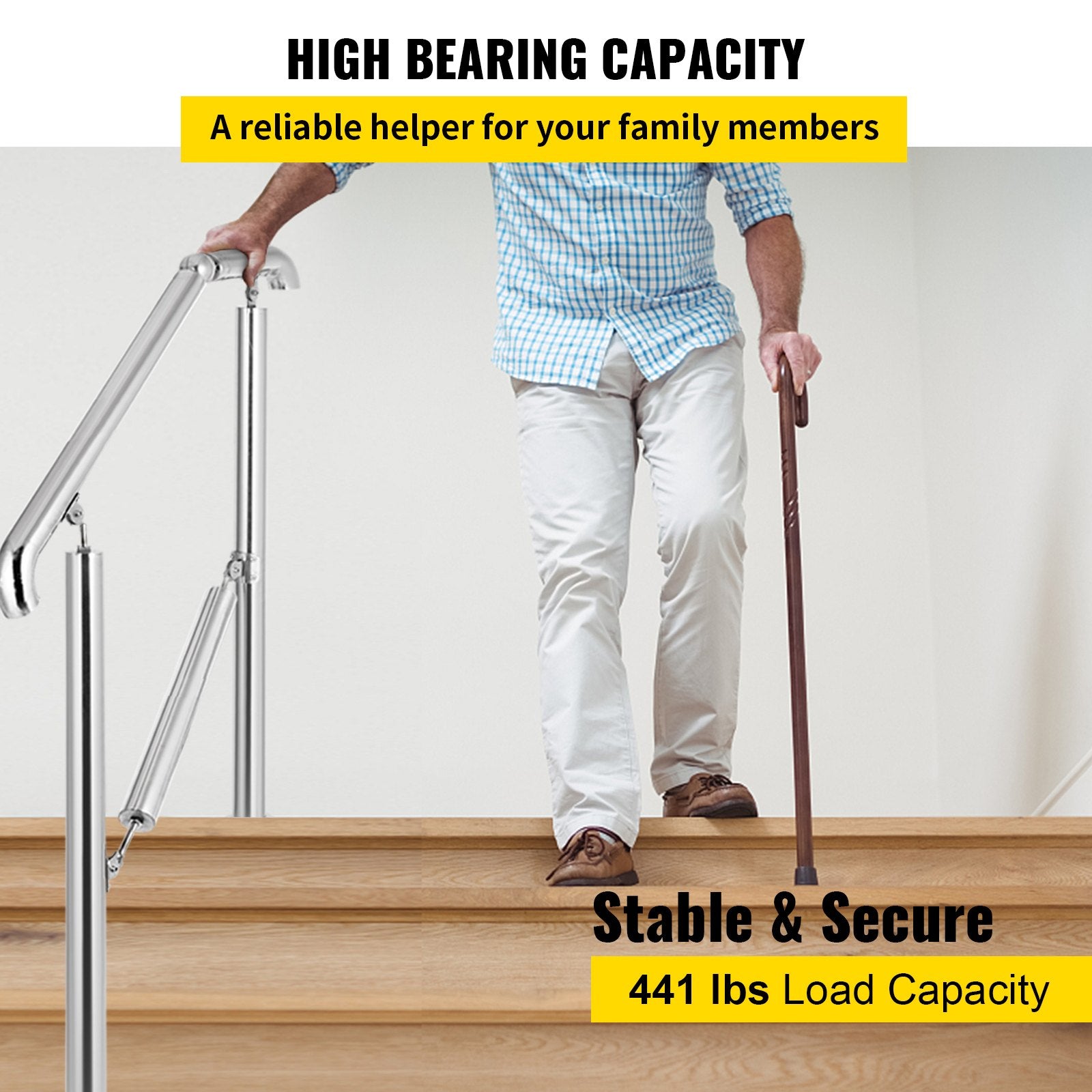 Stair Railing 3 Step Stainless Steel Handrail Adjustable Indoor Outdoor 220lb