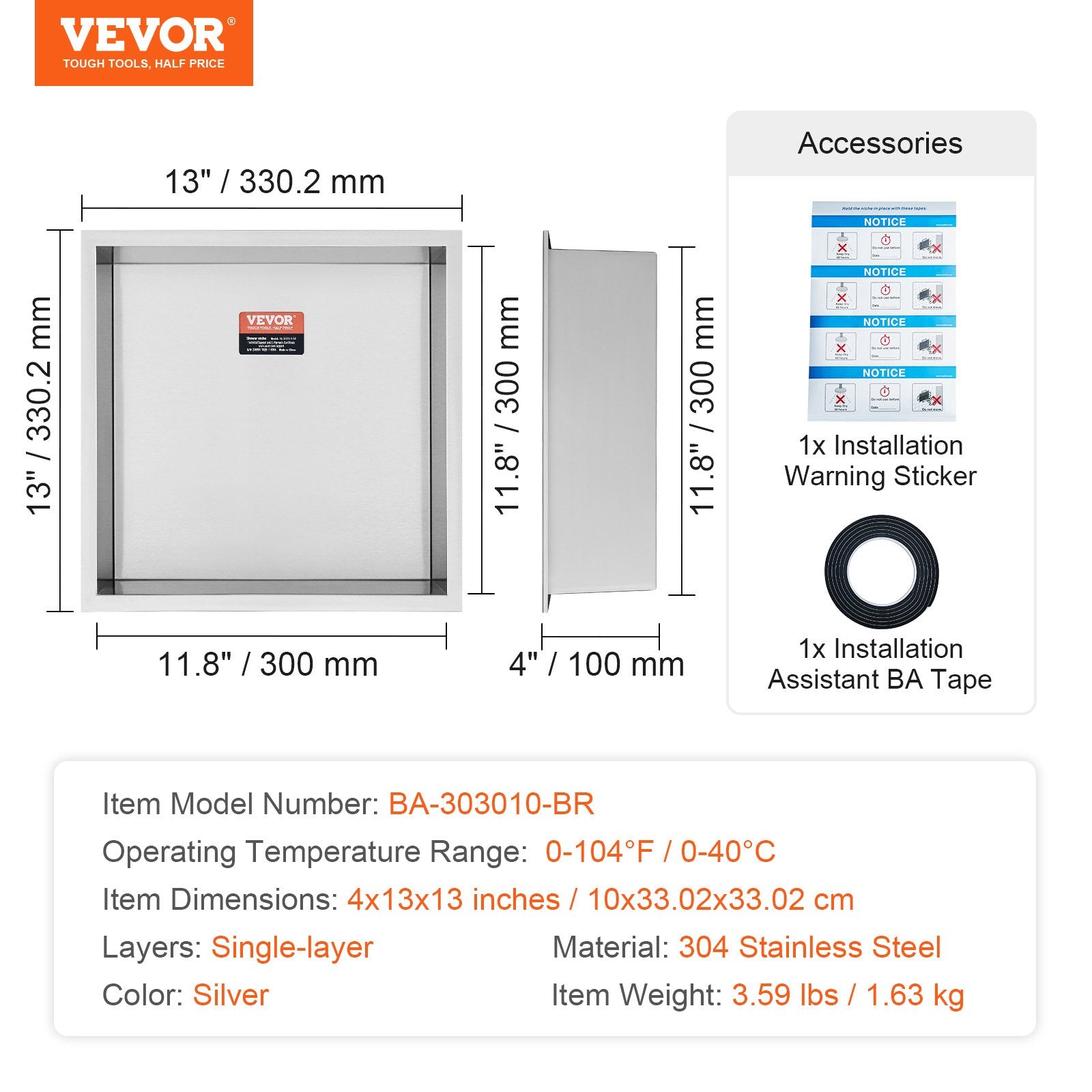Shower Niche 33.02x33.02cm Stainless Steel Wall-Inserted Recessed Shelves