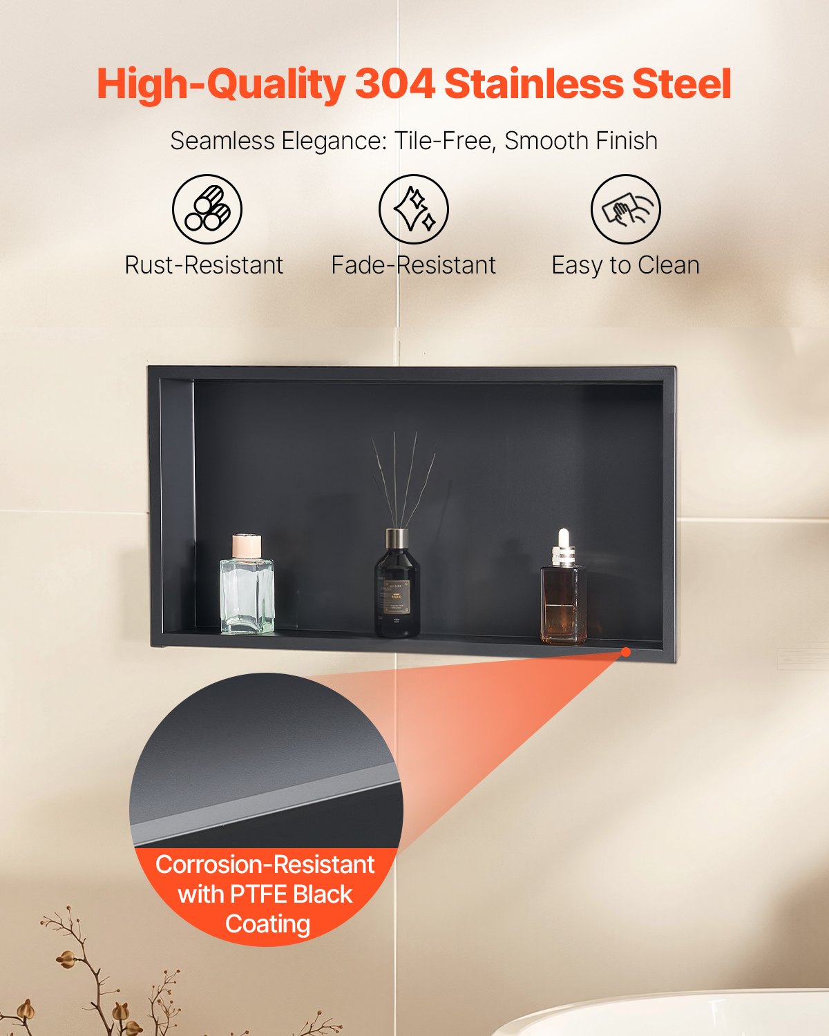 Shower Niche 33x63.5x10.2cm Recessed Wall Stainless Steel Black Soap Storage