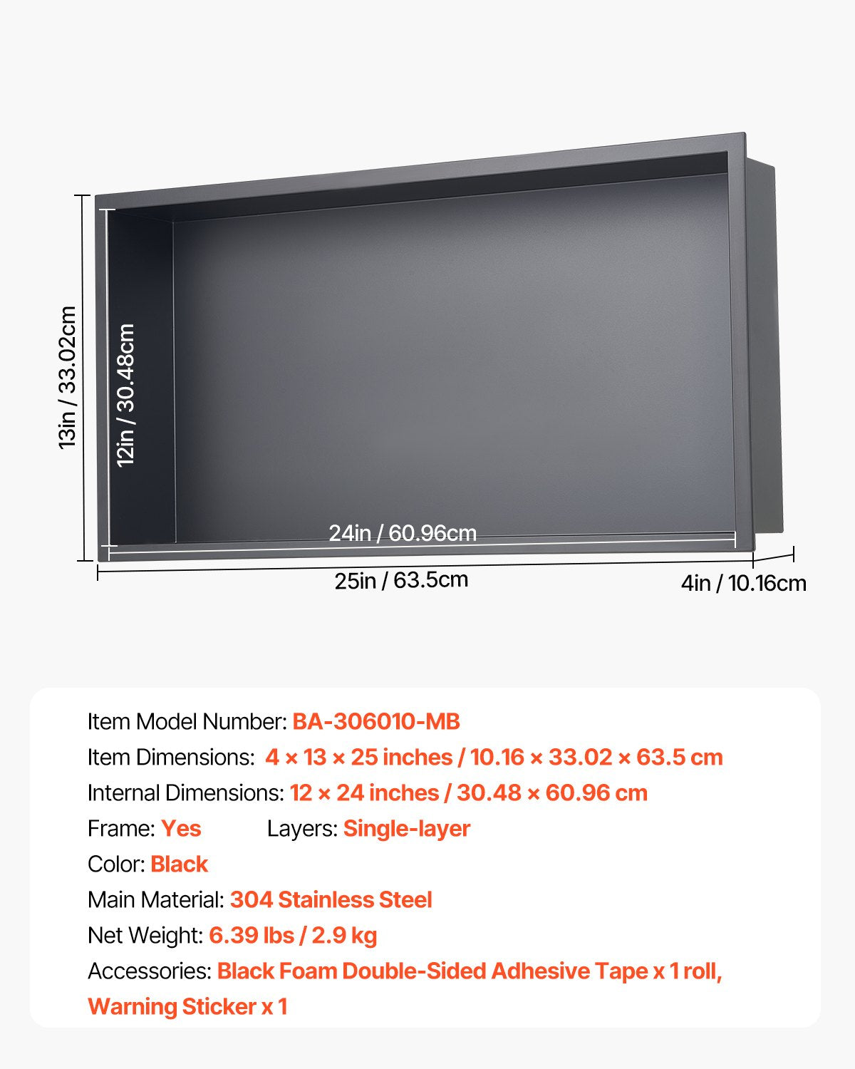 Shower Niche 33x63.5x10.2cm Recessed Wall Stainless Steel Black Soap Storage
