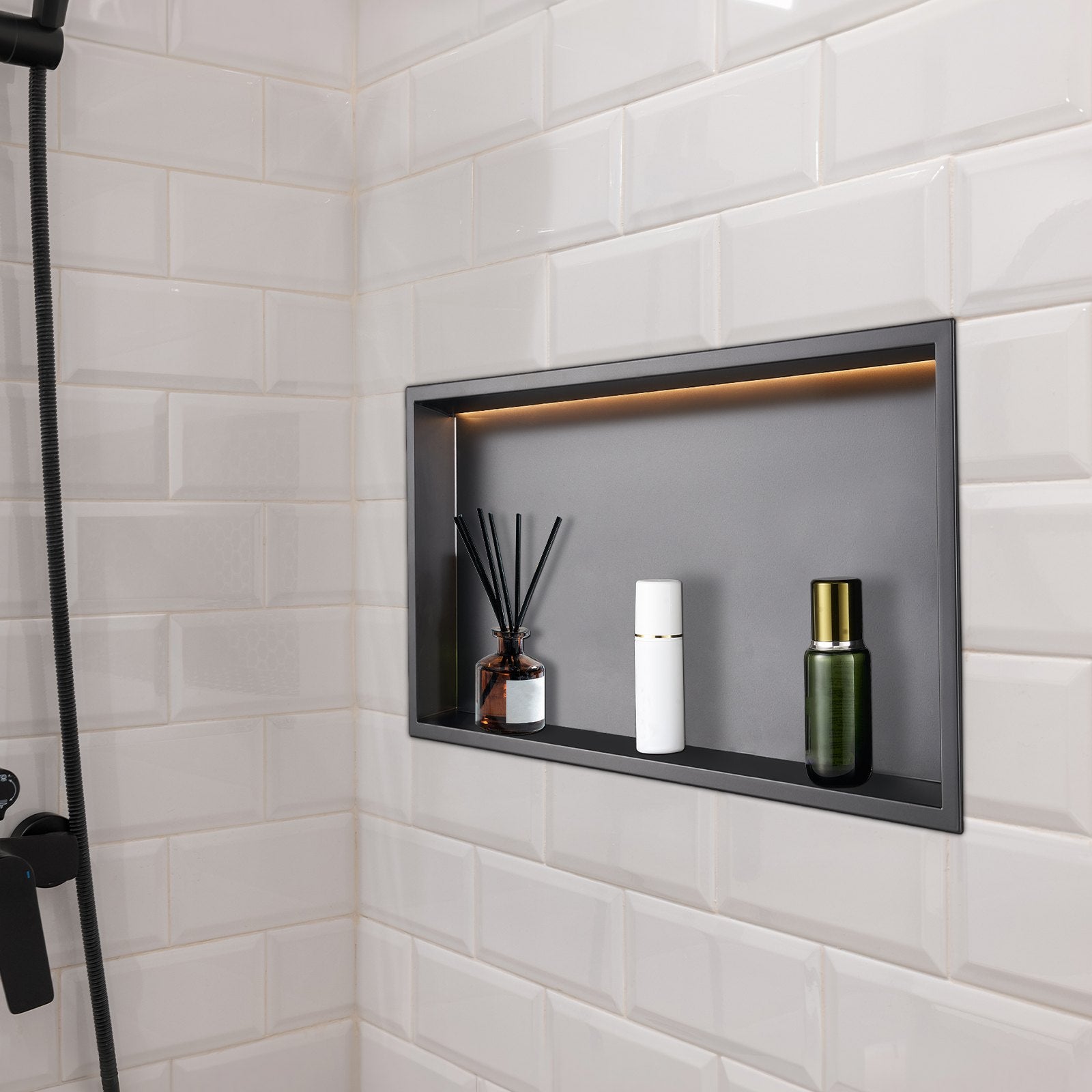 Shower Niche 33x63.5x10.2cm Recessed Wall Stainless Steel LED Strip Black