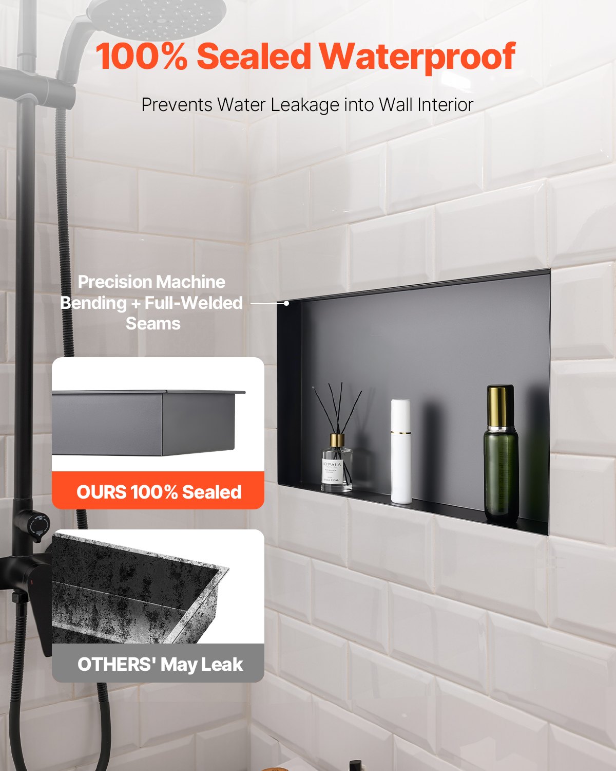 Shower Niche 33.0 x 63.5 x 10.2 cm Frameless Recessed Wall Stainless Steel Black