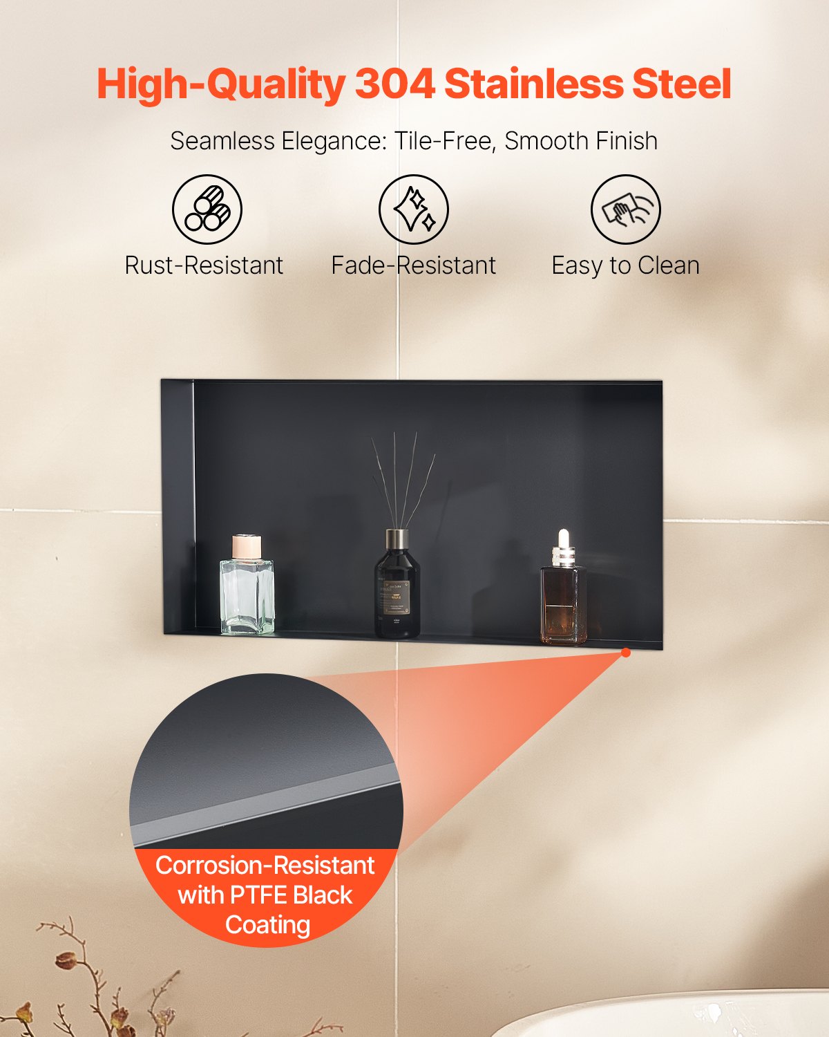 Shower Niche 33.0 x 63.5 x 10.2 cm Frameless Recessed Wall Stainless Steel Black