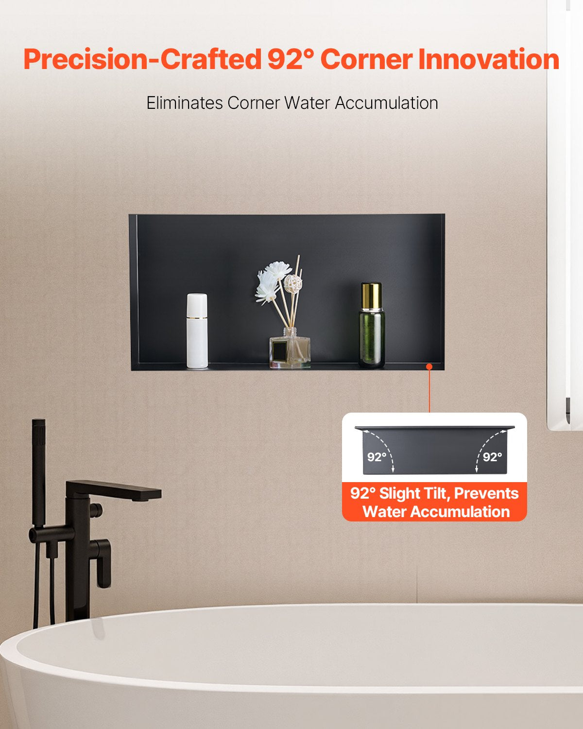 Shower Niche 33.0 x 63.5 x 10.2 cm Frameless Recessed Wall Stainless Steel Black