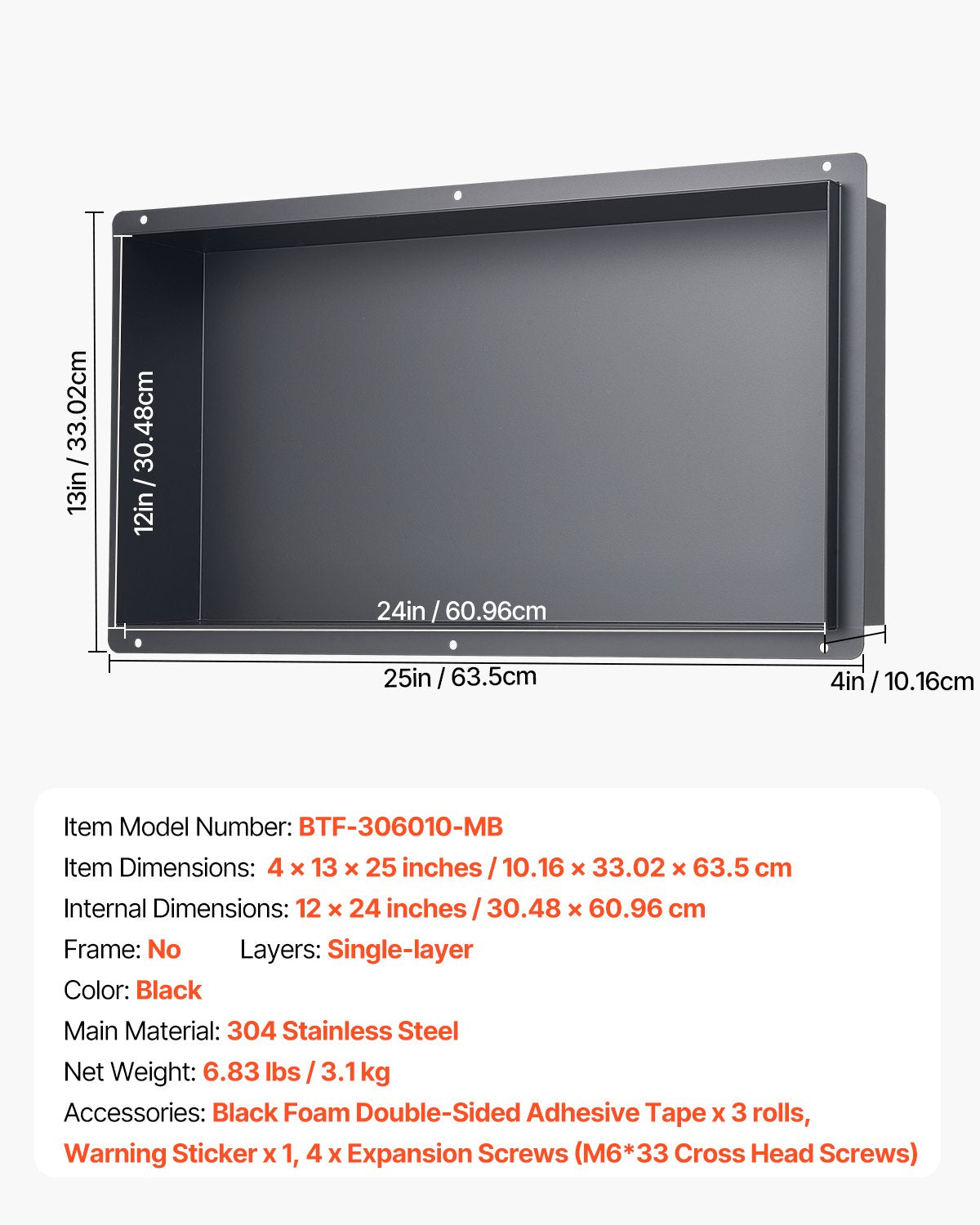 Shower Niche 33.0 x 63.5 x 10.2 cm Frameless Recessed Wall Stainless Steel Black