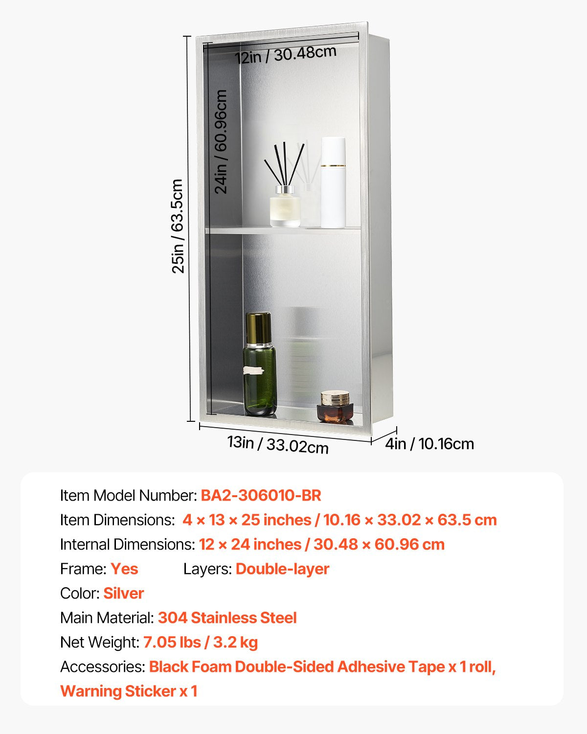Shower Niche 33x63.5x10.2cm Recessed Wall Double-Layer Stainless Steel Silver