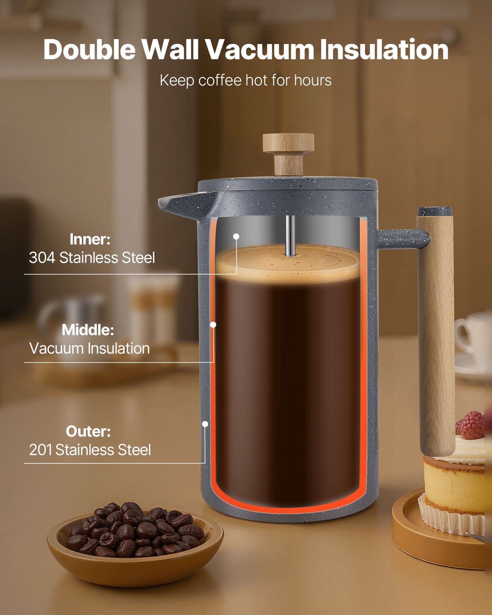 French Press Coffee Maker 1L Stainless Steel Double Wall Insulated Press Black