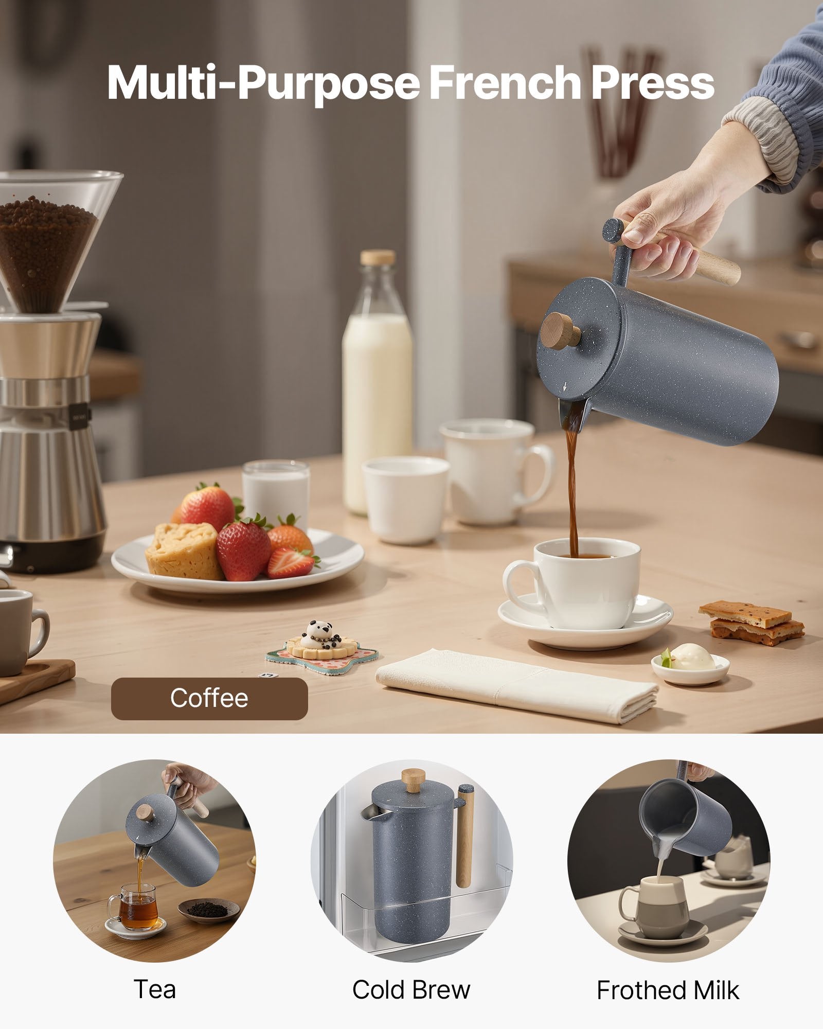 French Press Coffee Maker 1L Stainless Steel Double Wall Insulated Press Black