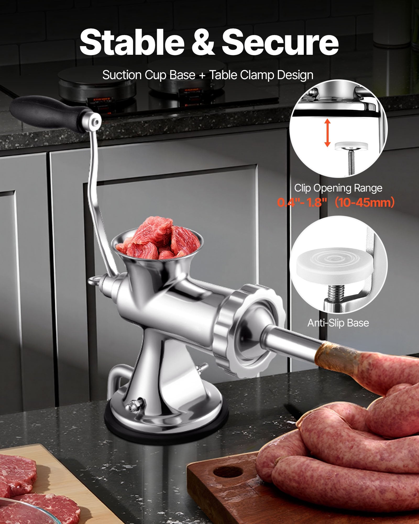 Manual Meat Grinder Stainless Steel Hand Crank Mincer with Suction Clamp
