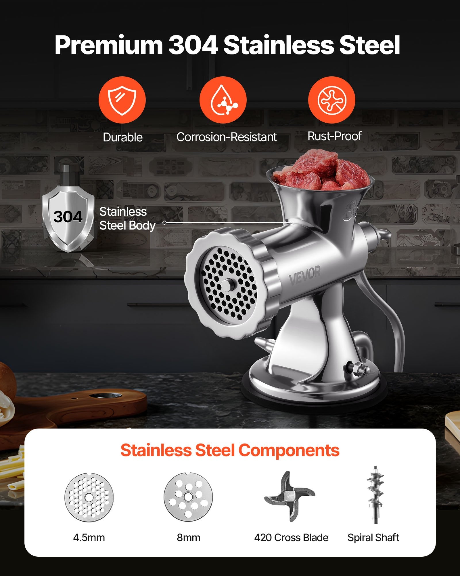 Manual Meat Grinder Stainless Steel Hand Crank Mincer with Suction Clamp