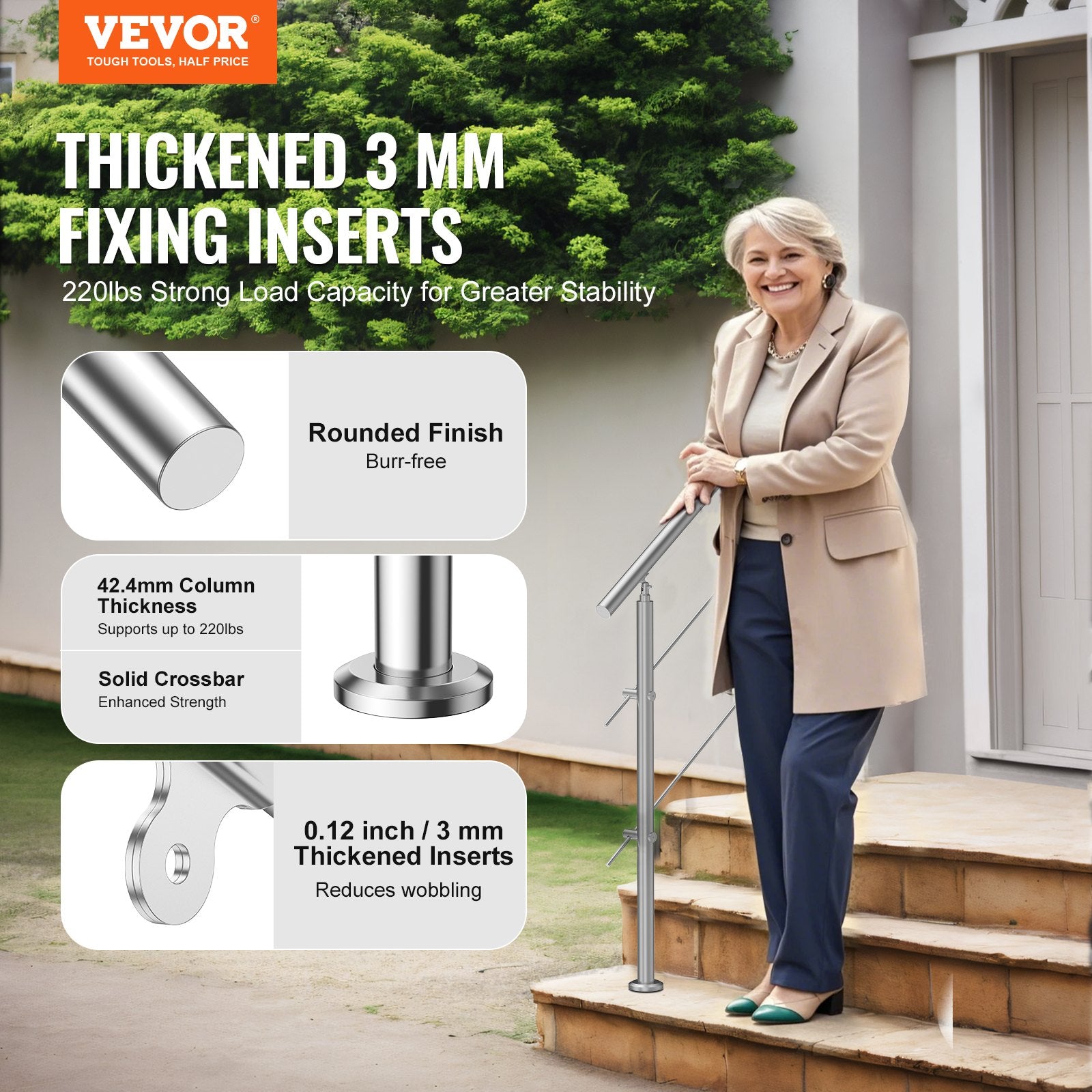 Handrails for Outdoor Steps 39.4in Stainless Steel Stair Rail Double-Column
