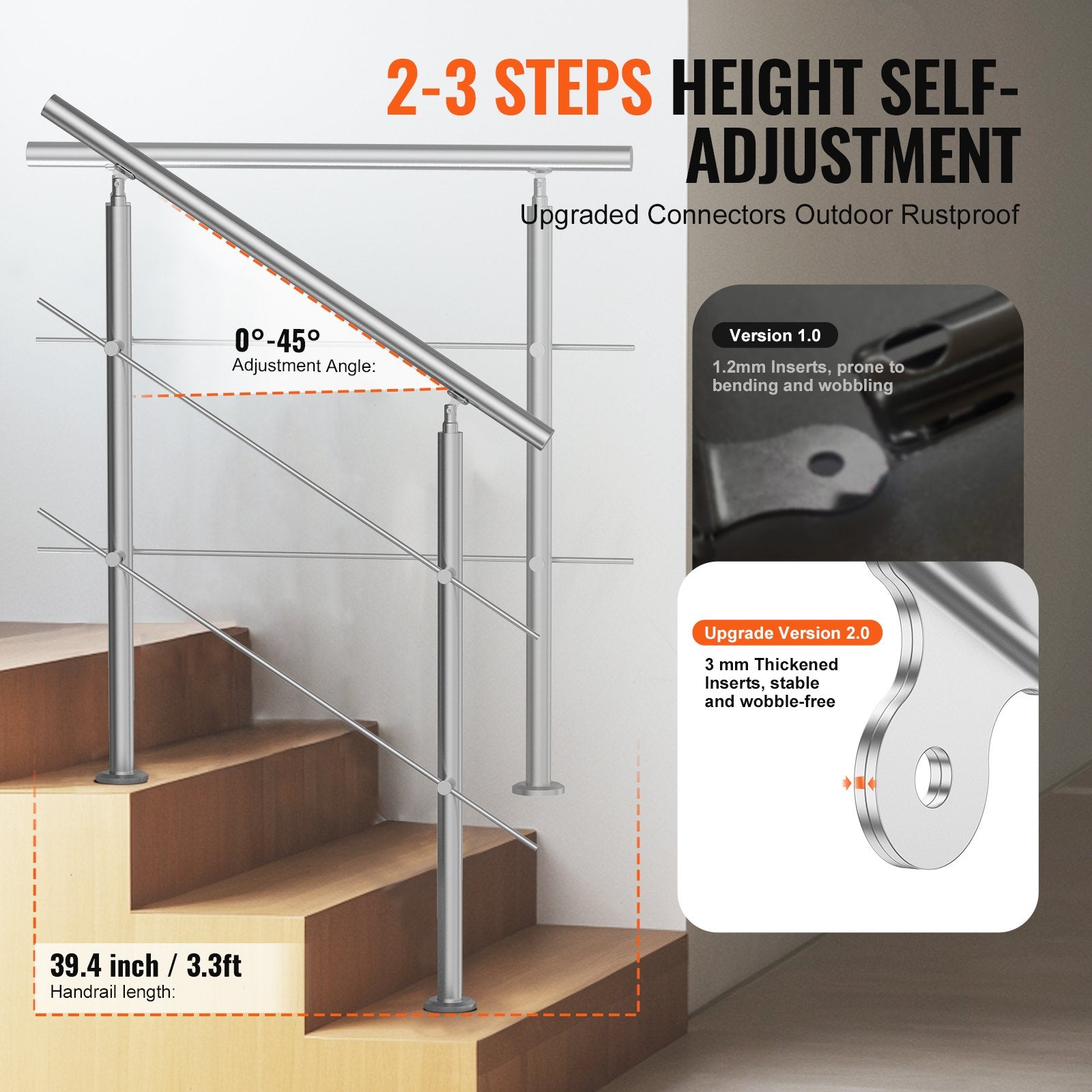 Handrails for Outdoor Steps 39.4in Stainless Steel Stair Rail Double-Column
