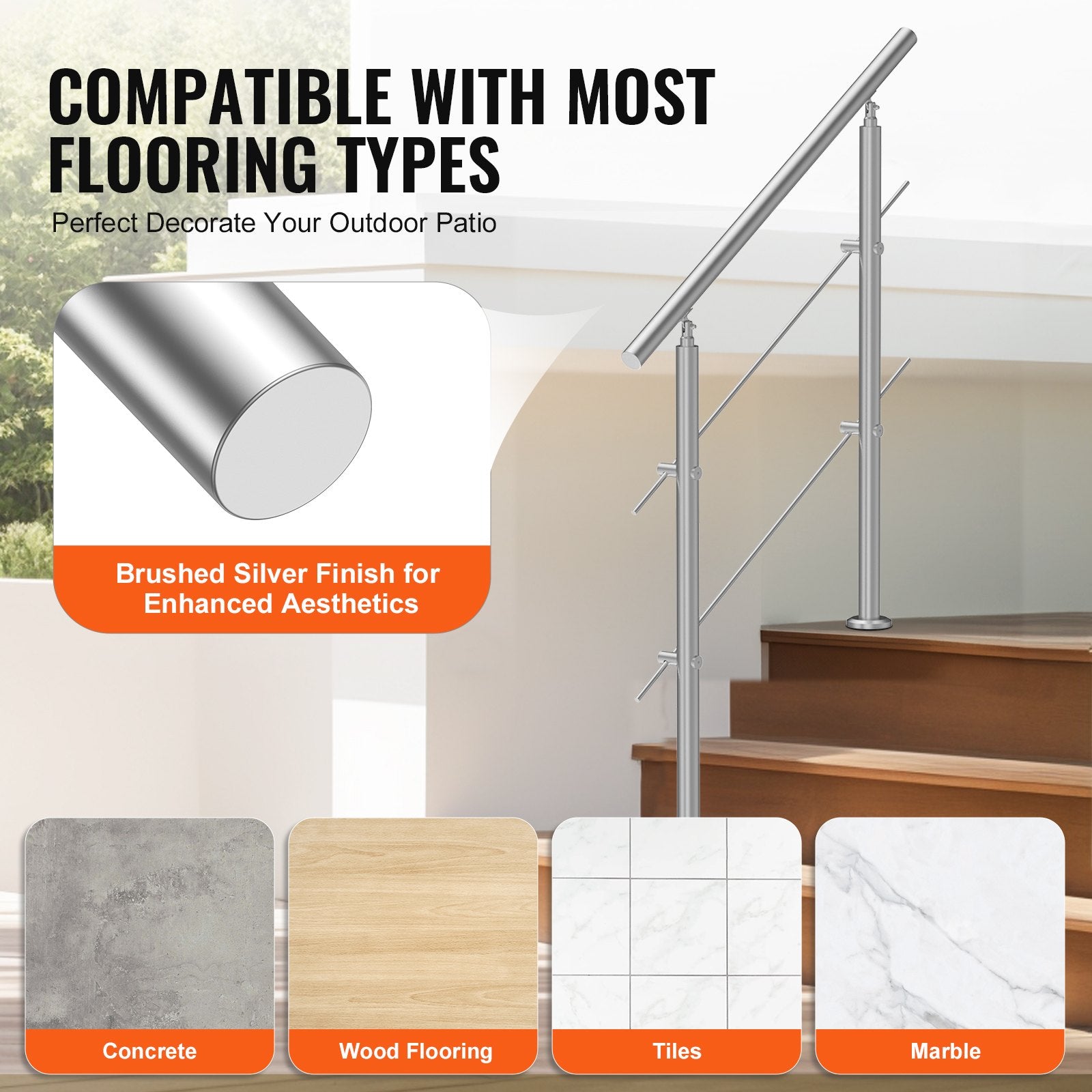 Handrails for Outdoor Steps 39.4in Stainless Steel Stair Rail Double-Column